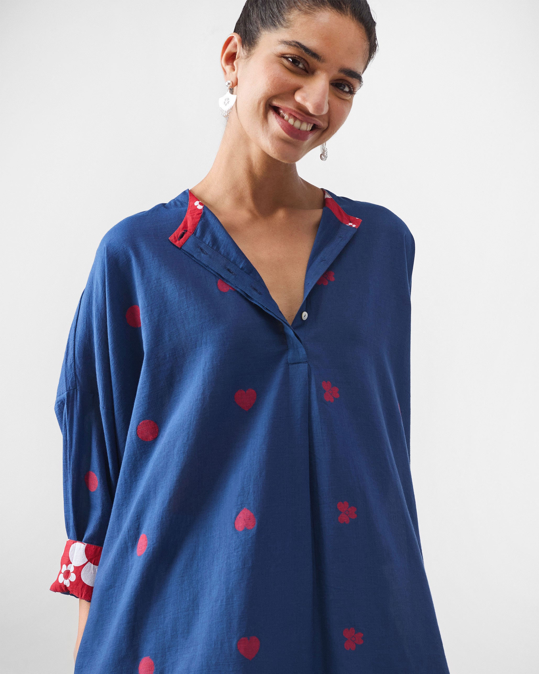 Lazy Sunday Tunic - Blue & Red Jamdani