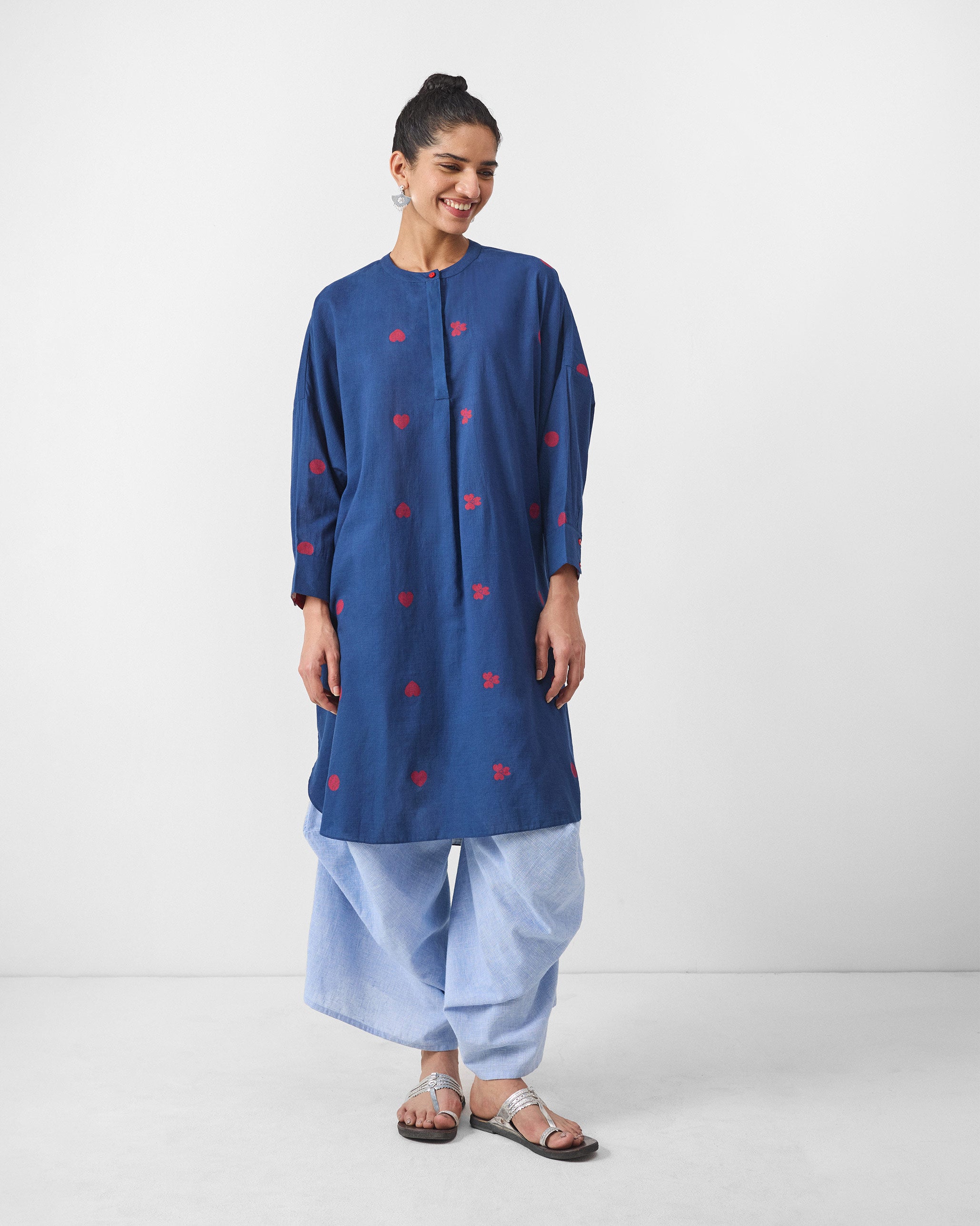 Lazy Sunday Tunic - Blue & Red Jamdani