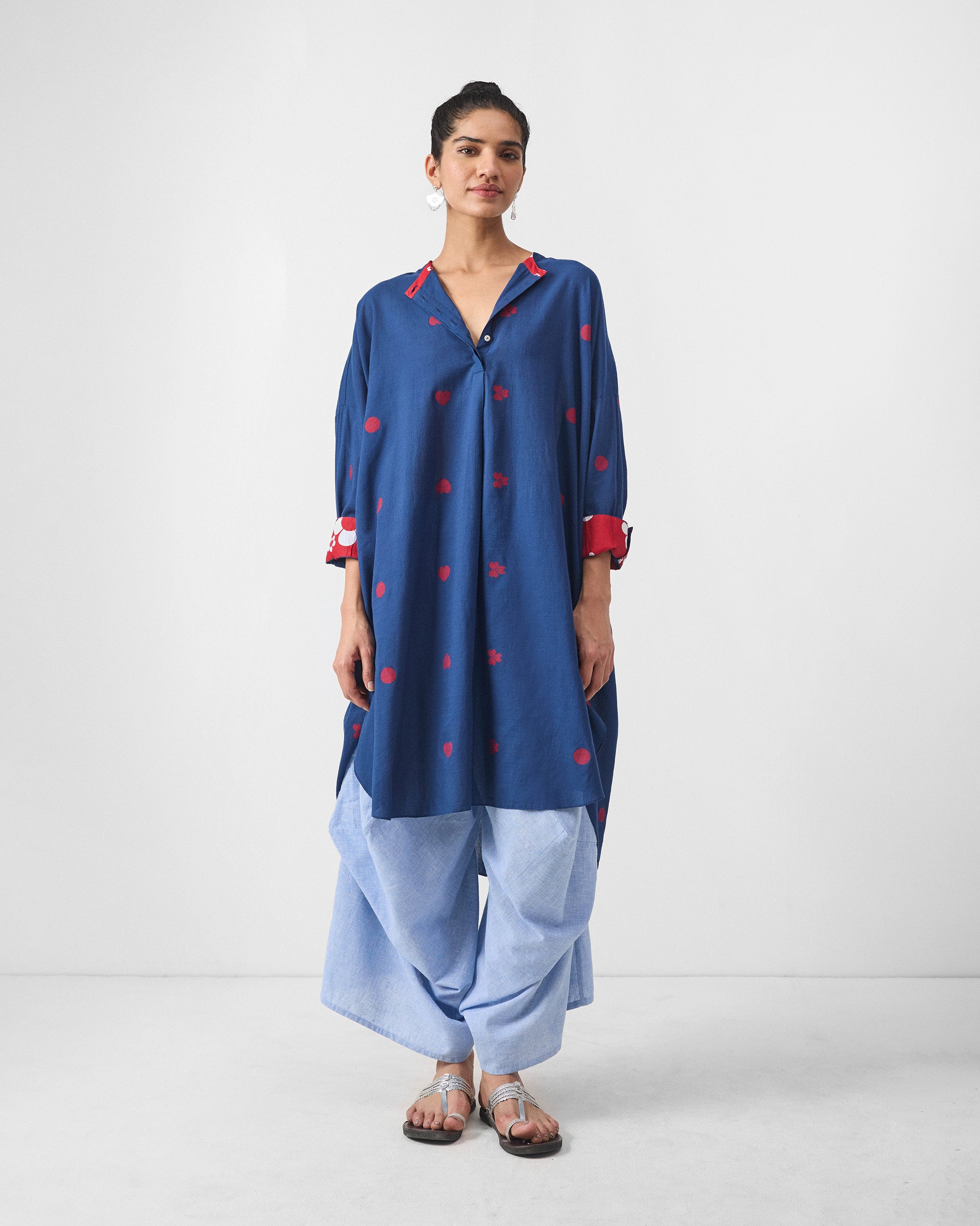 Lazy Sunday Tunic - Blue & Red Jamdani