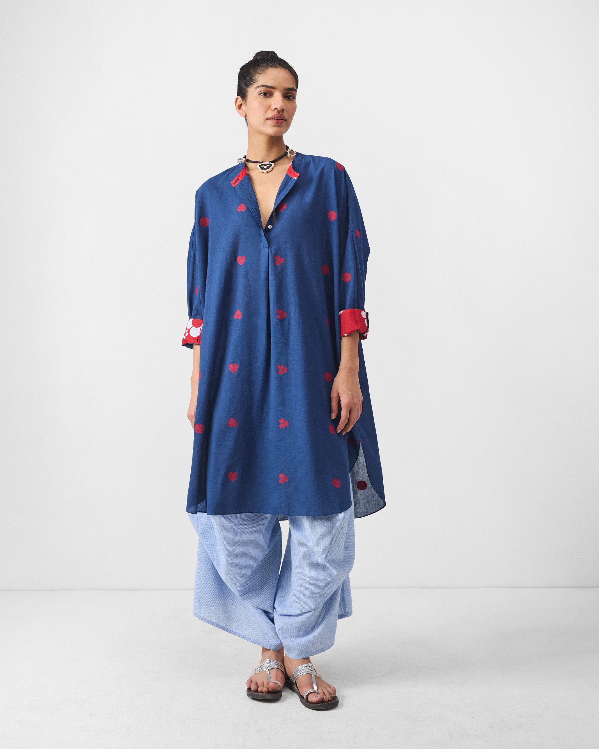 Lazy Sunday Tunic - Blue & Red Jamdani