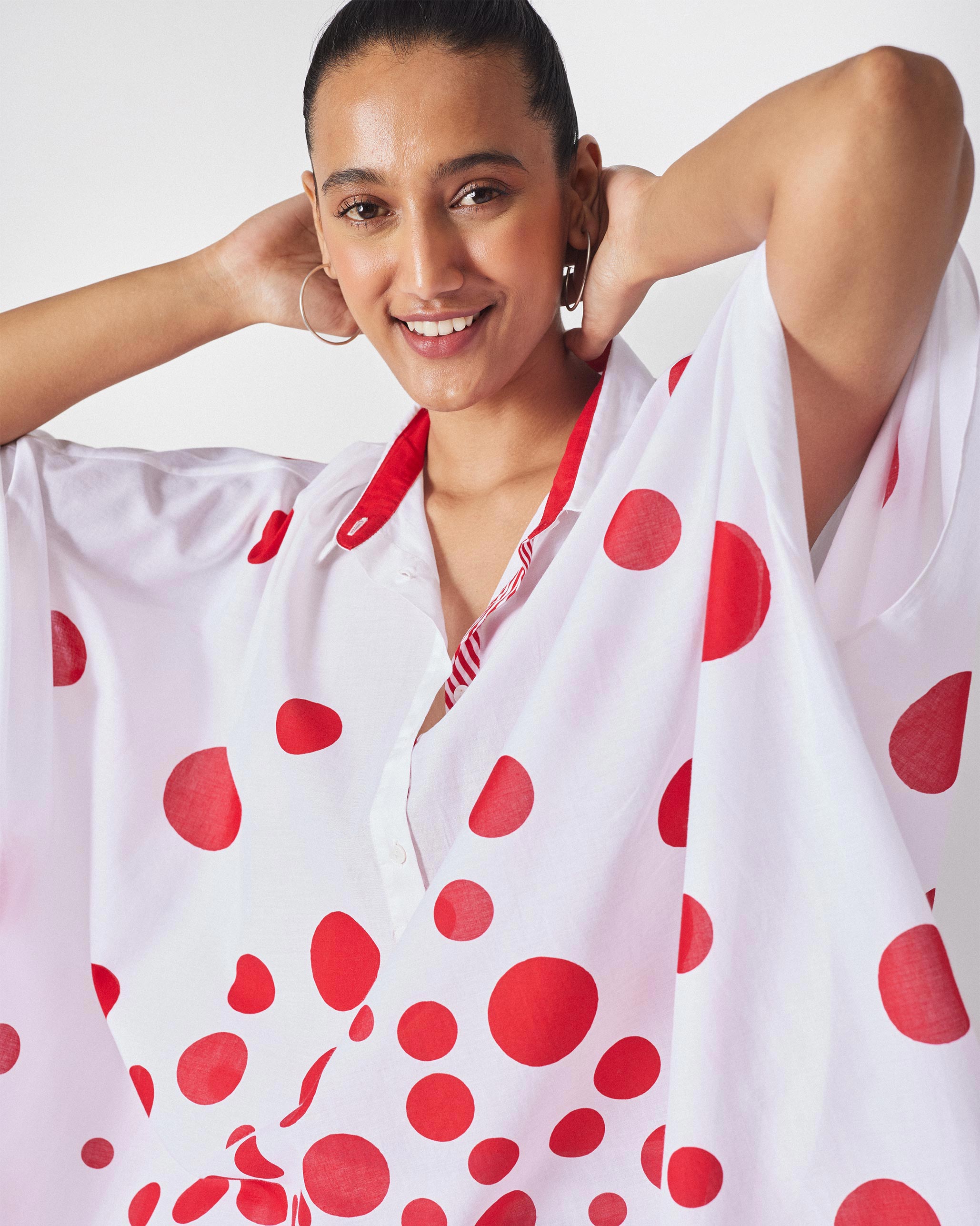 Collared Kaftan - White & Red Print