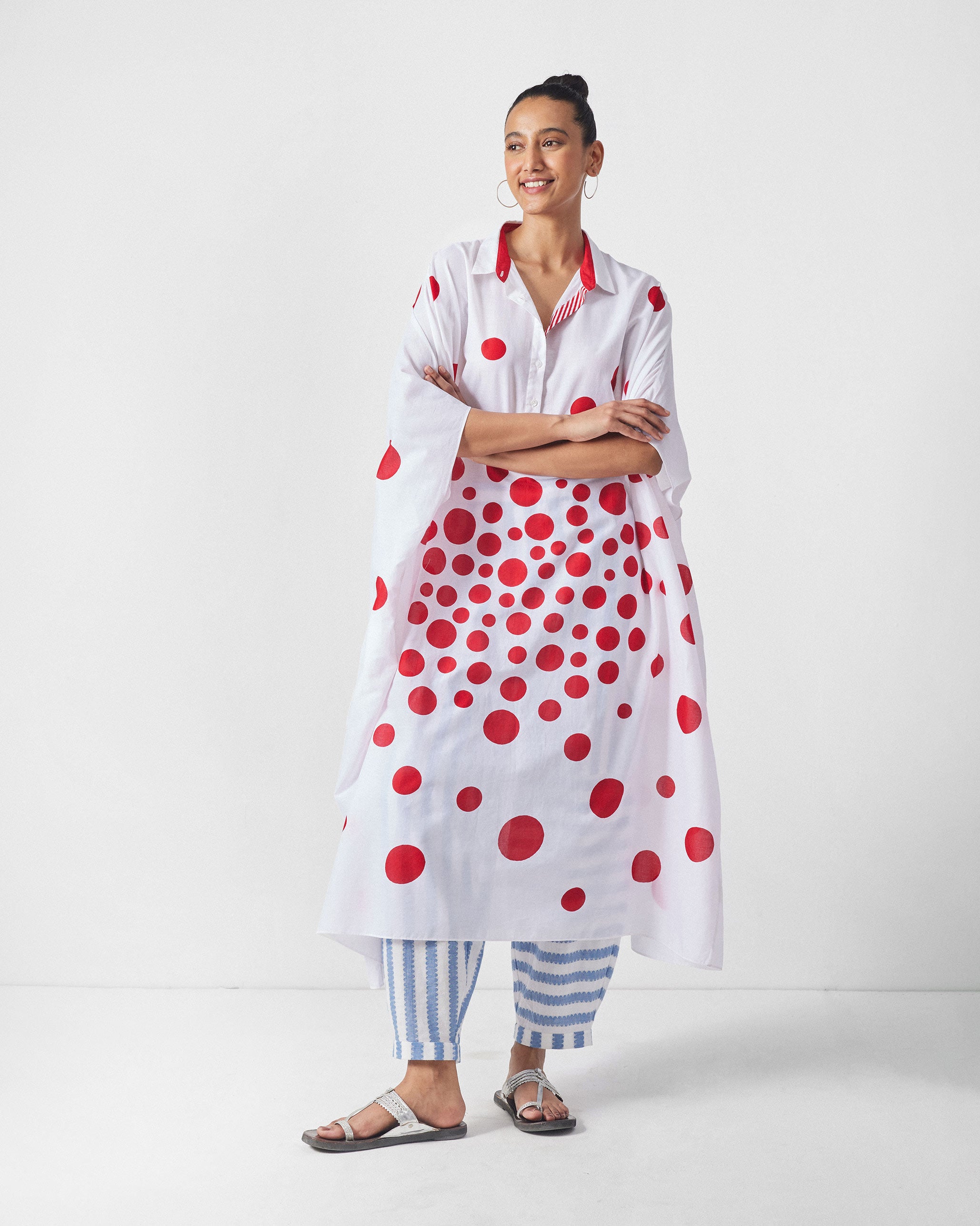 Collared Kaftan - White & Red Print