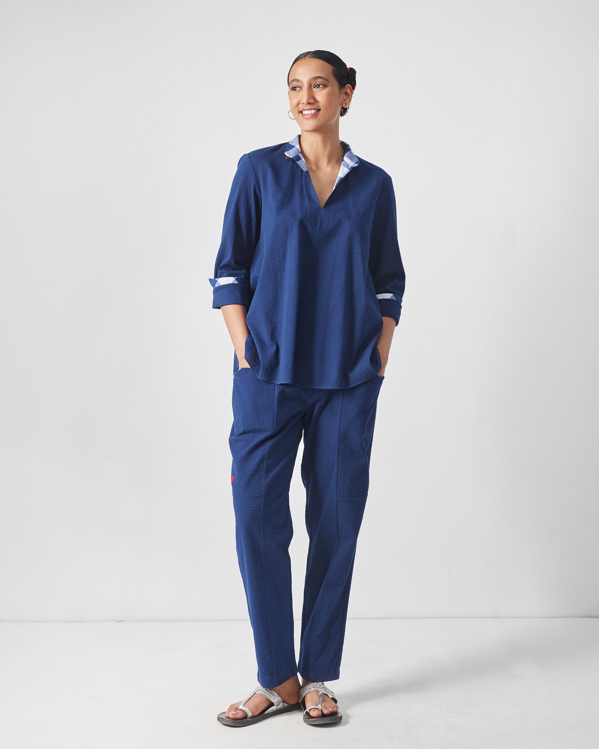 The Bell Sleeves Kurta Set - Navy Seersucker