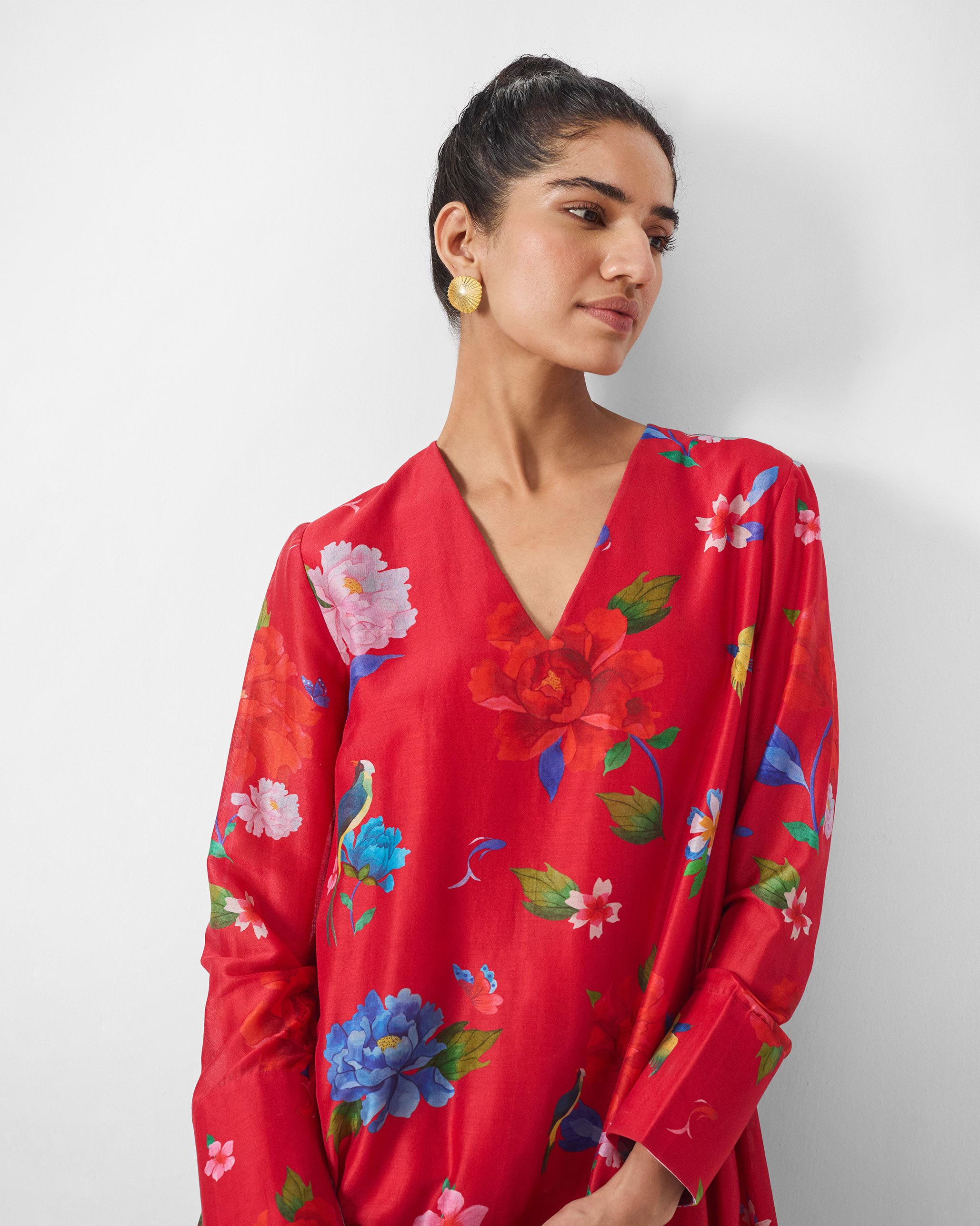 V-Neck Flared Kurta - Red Print