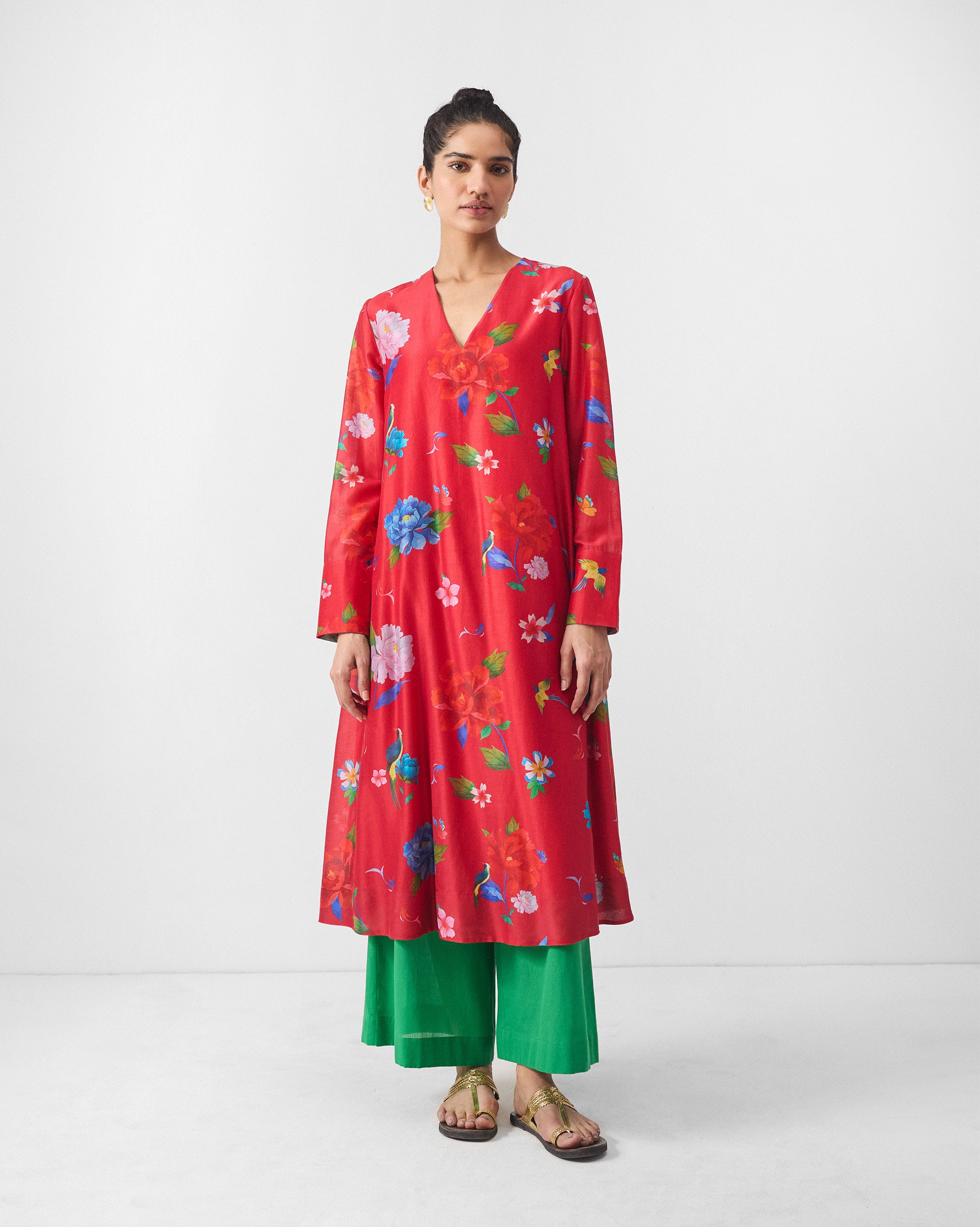 V-Neck Flared Kurta - Red Print