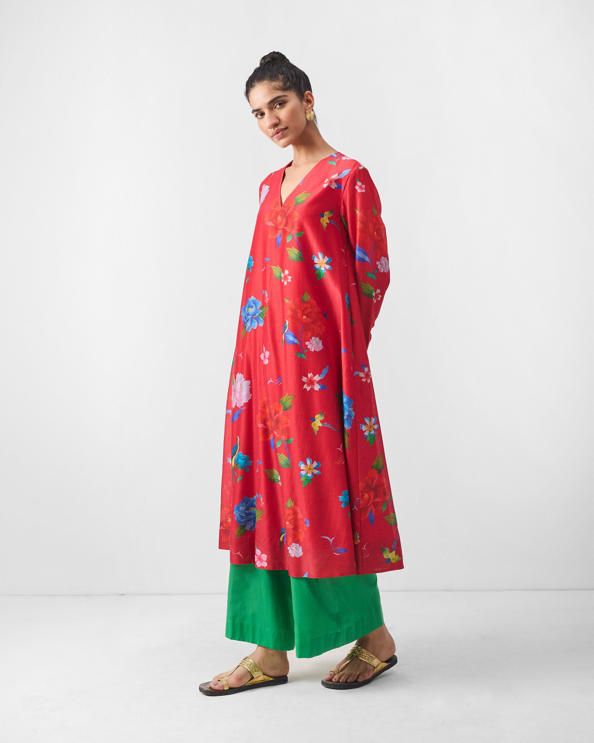 V-Neck Flared Kurta - Red Print