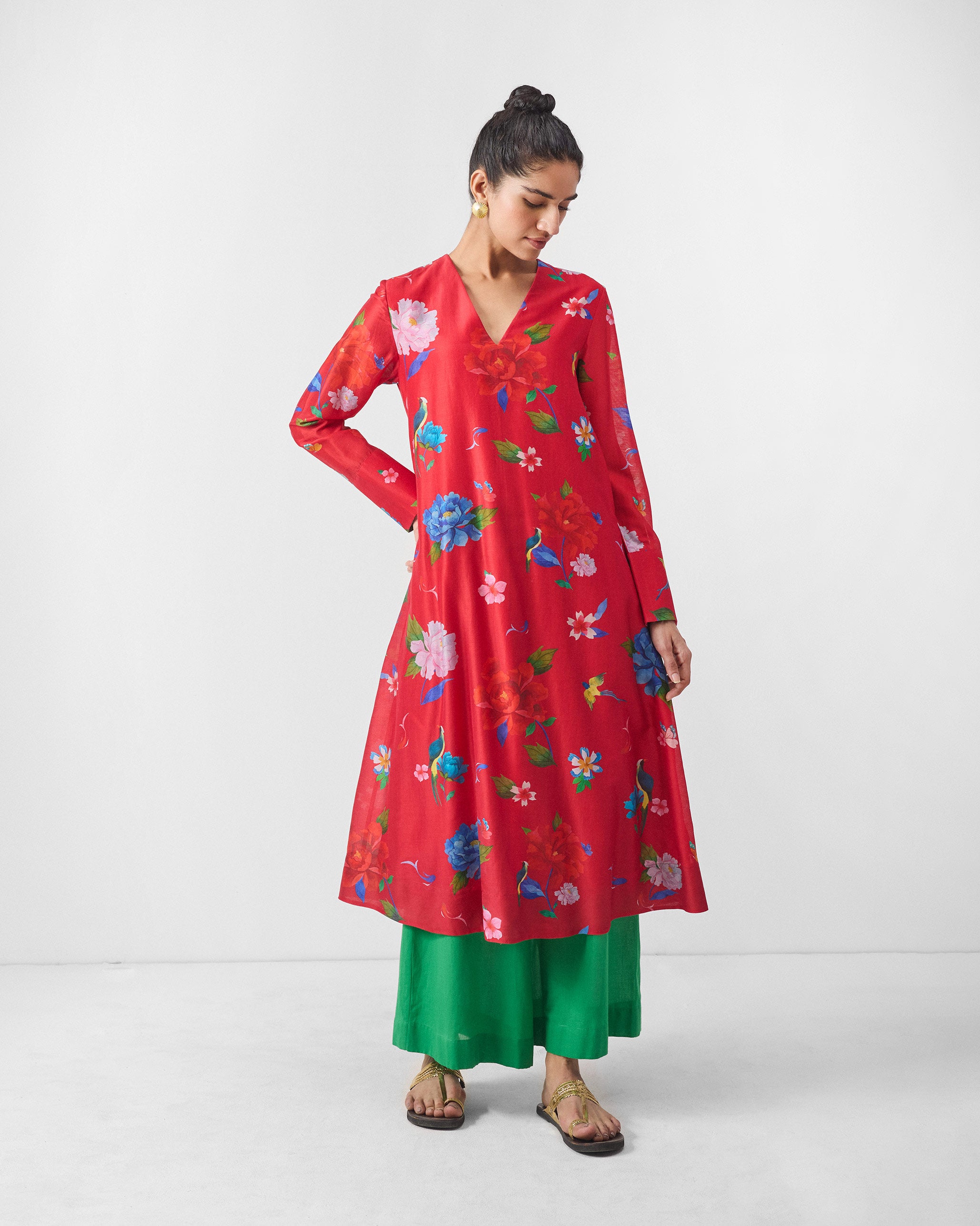 V-Neck Flared Kurta - Red Print