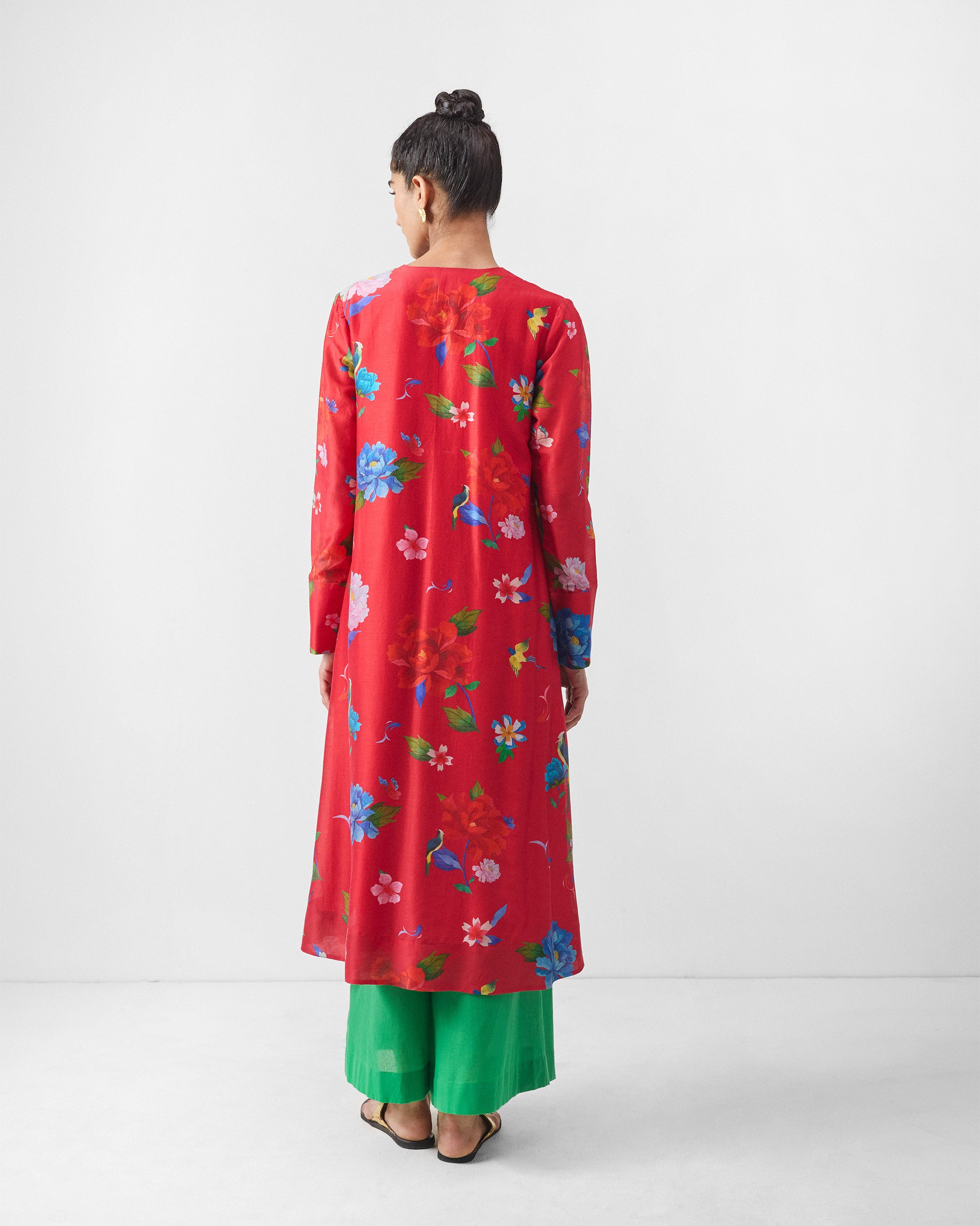 V-Neck Flared Kurta - Red Print