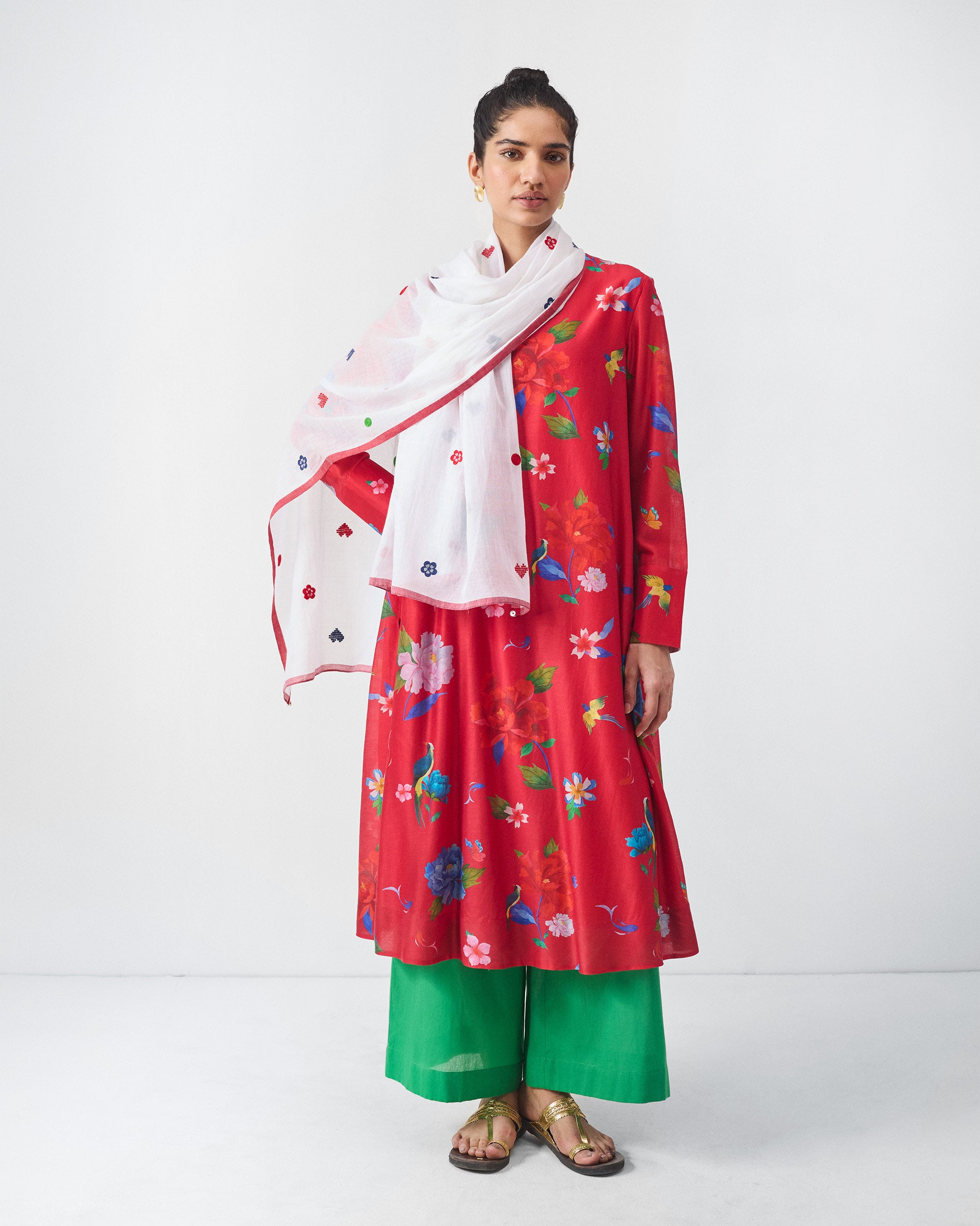 V-Neck Flared Kurta - Red Print
