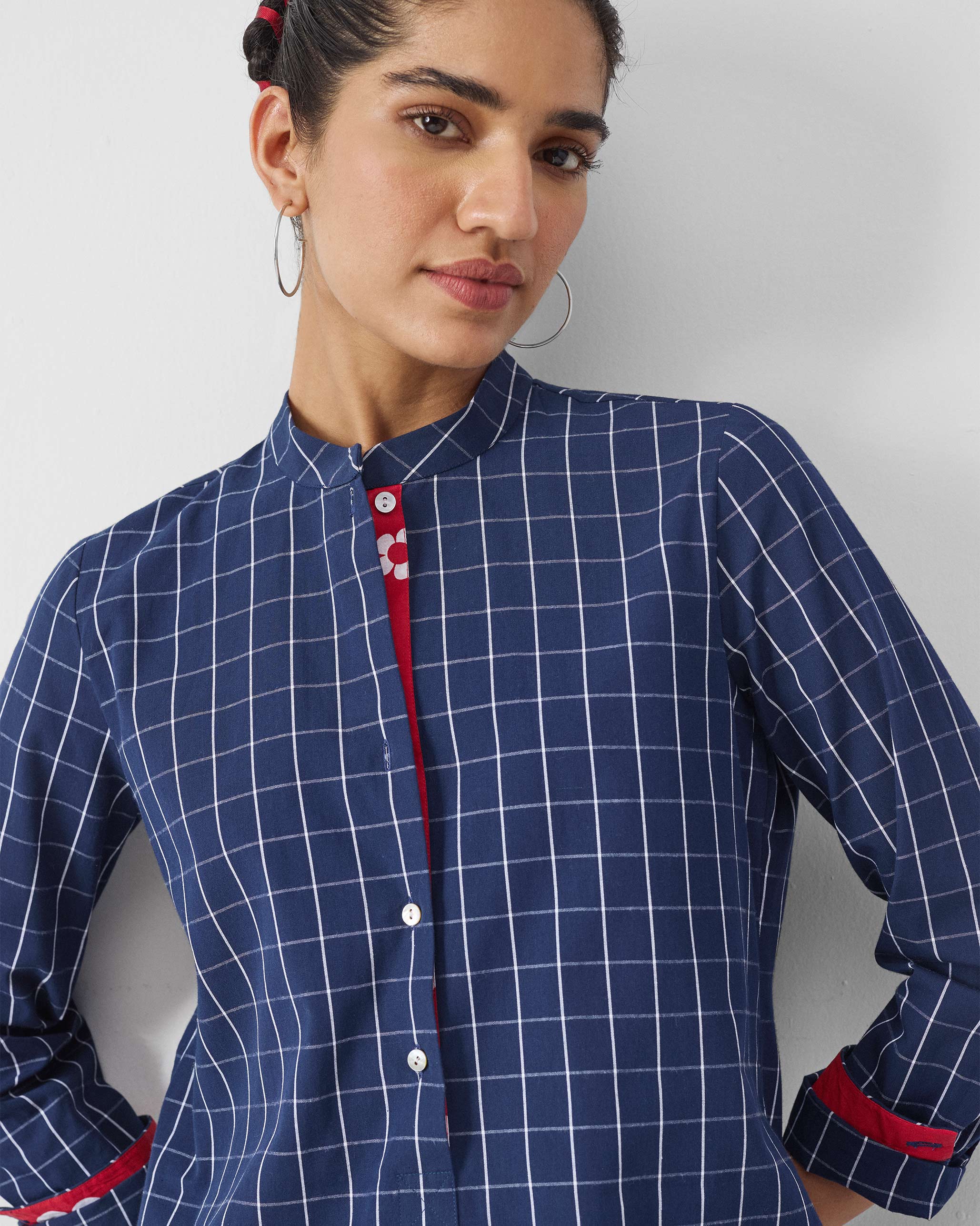 Basic Mid Length Kurta - Navy & White Checks