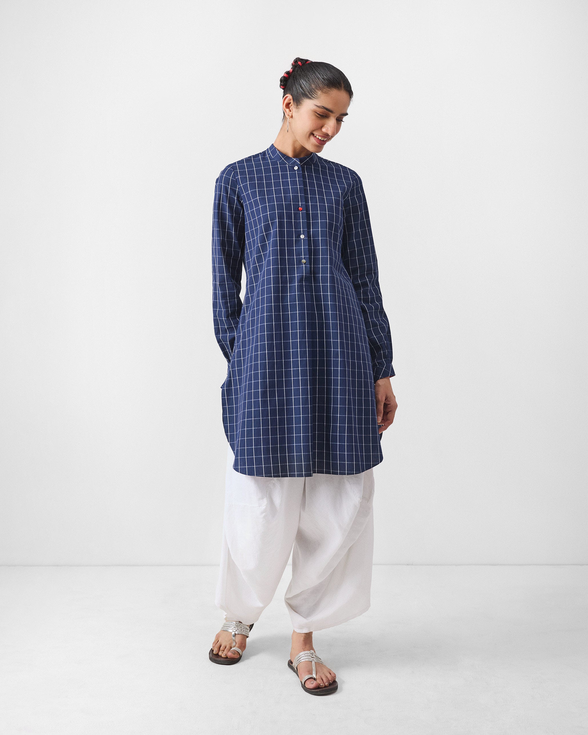 Basic Mid Length Kurta - Navy & White Checks