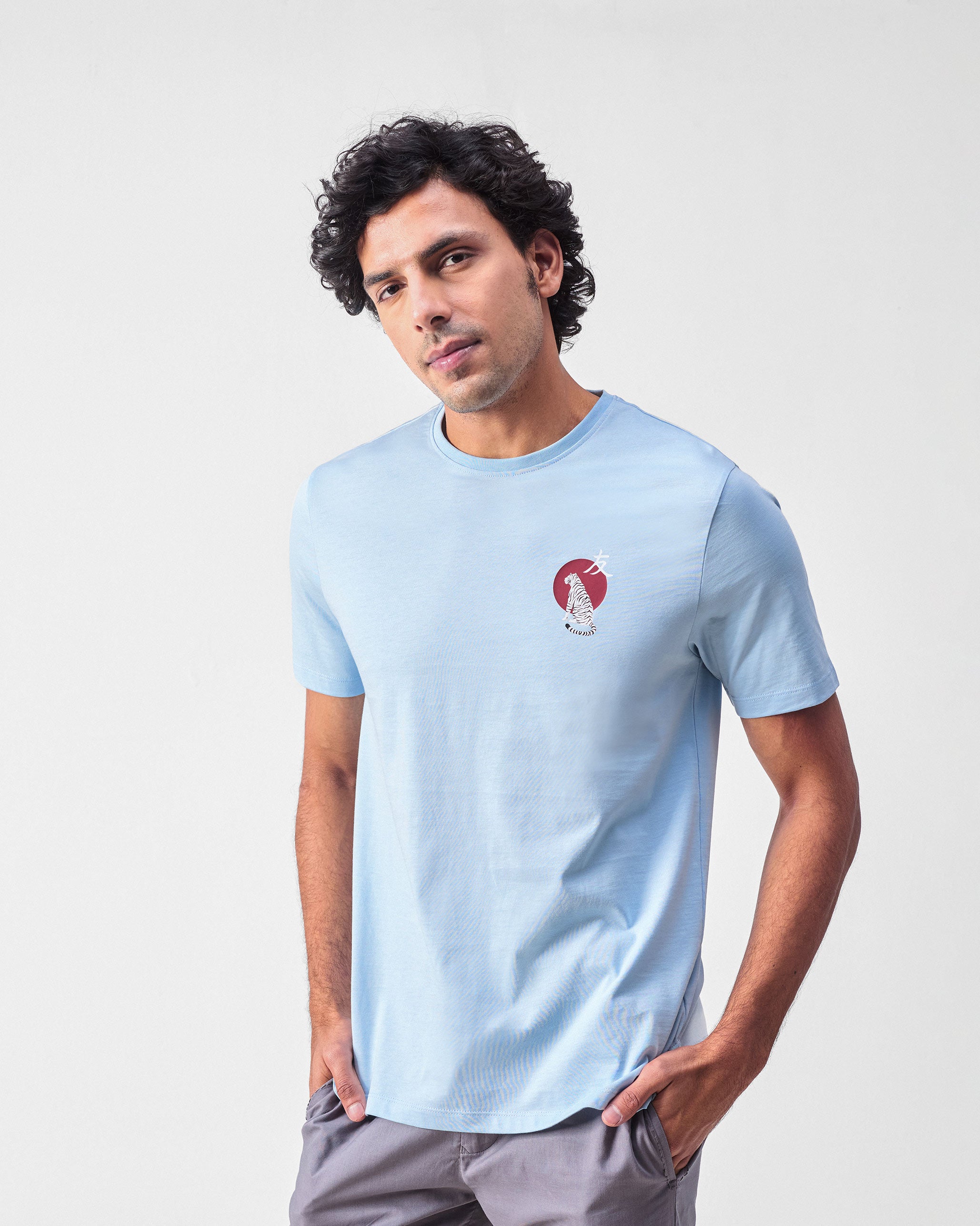 Japanese Tora T-shirt - Powder Blue & Red Print