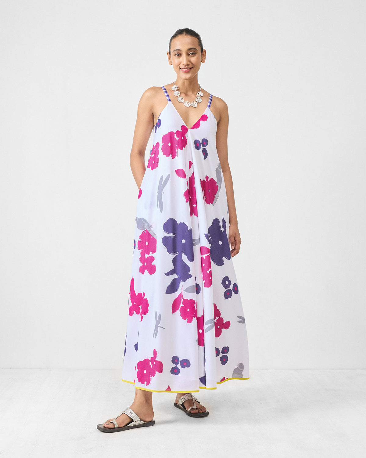 V-Neck Strappy Dress - White & Purple Printed