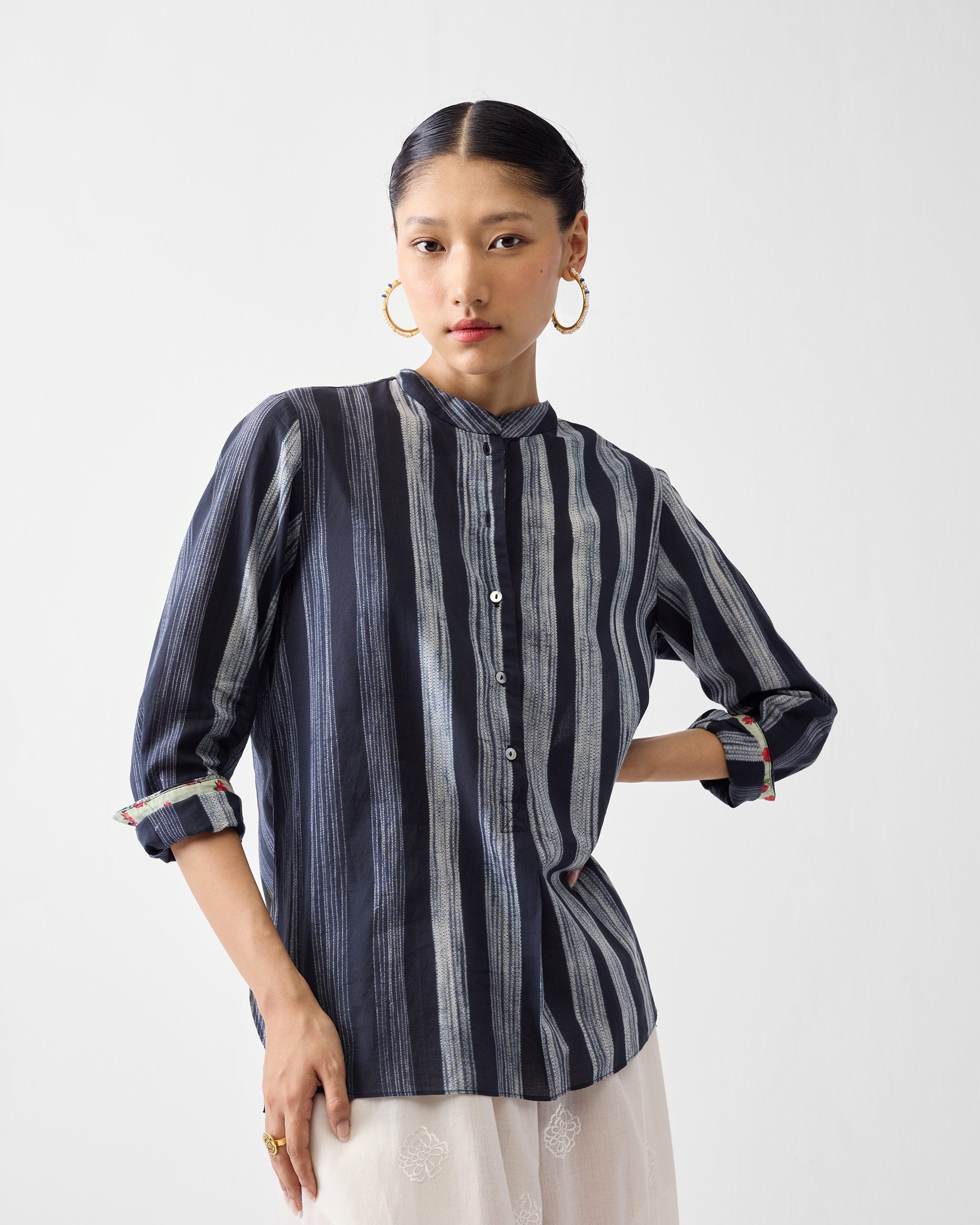 Mandarin Collar Top - Charcoal & Ivory Stripes