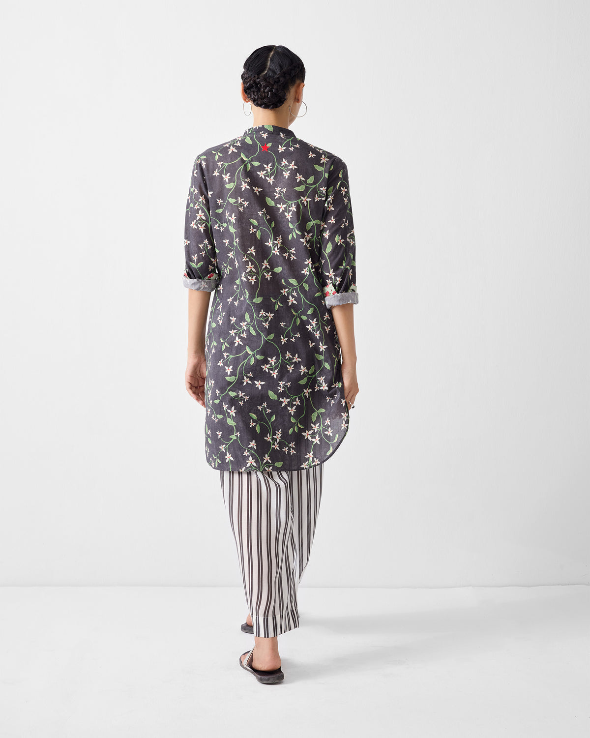 Basic Mid Length Kurta - Charcoal Print