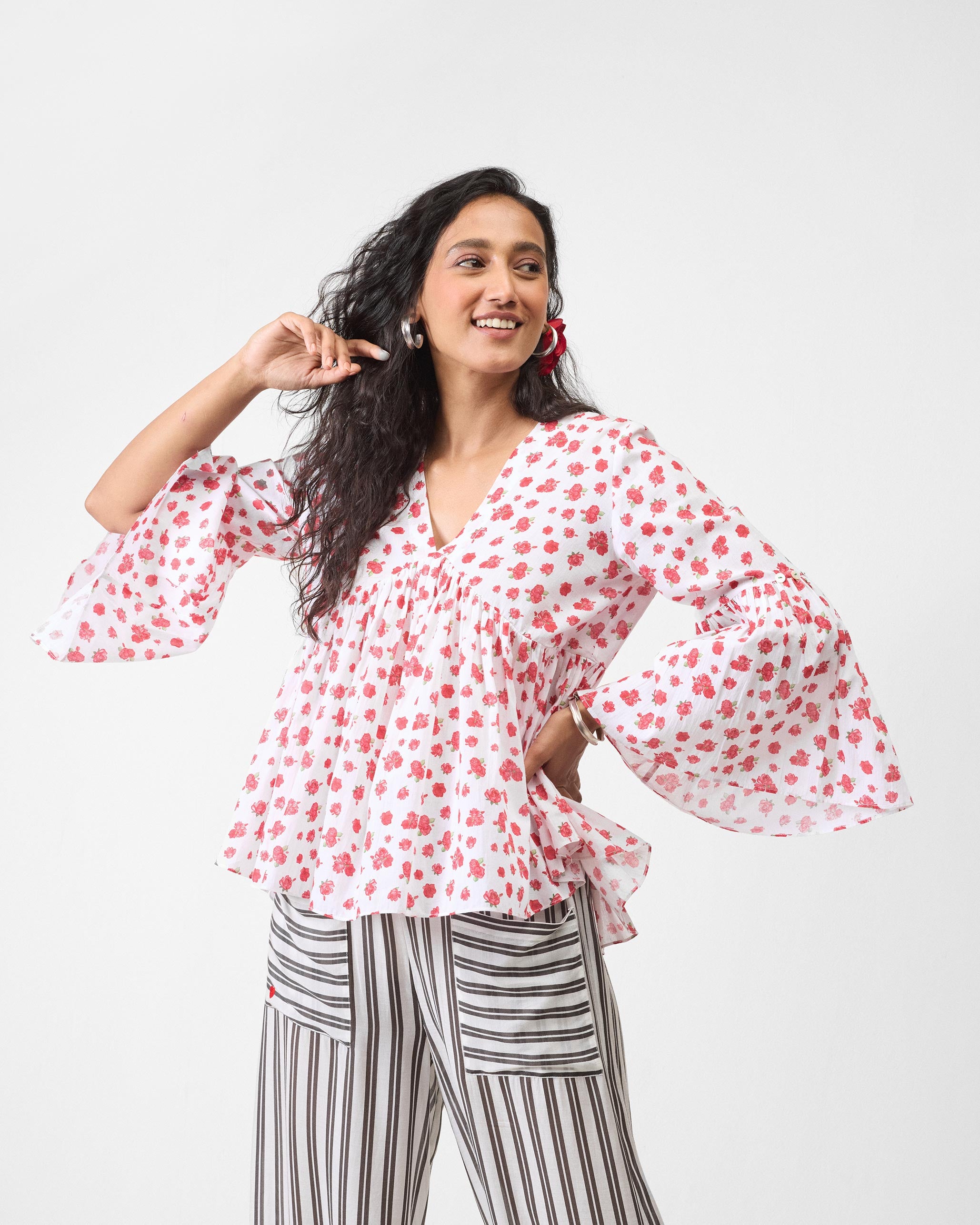 Ruffle Top - White & Watermelon Print