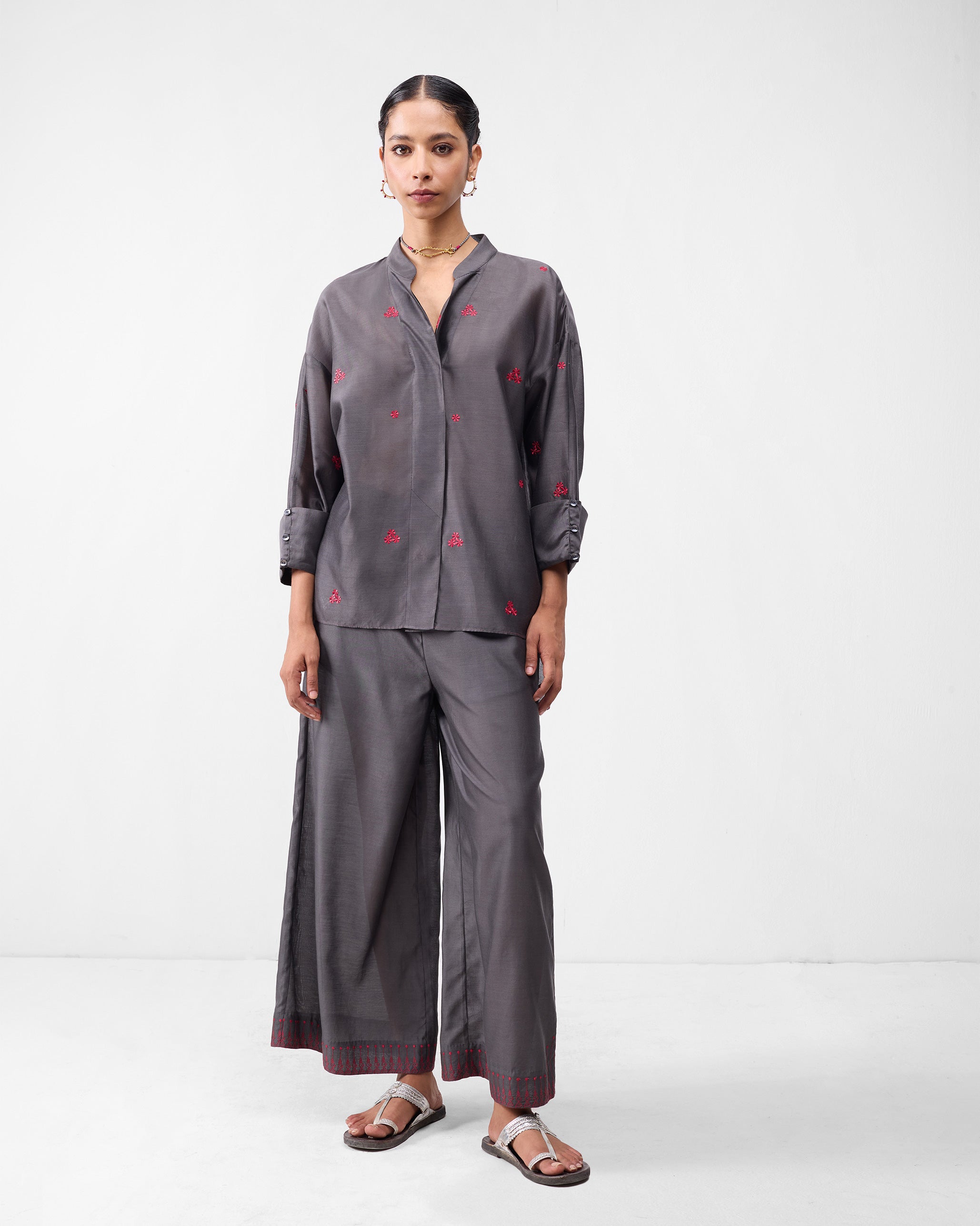 Basic Pyjamas - Charcoal & Watermelon Embroidered
