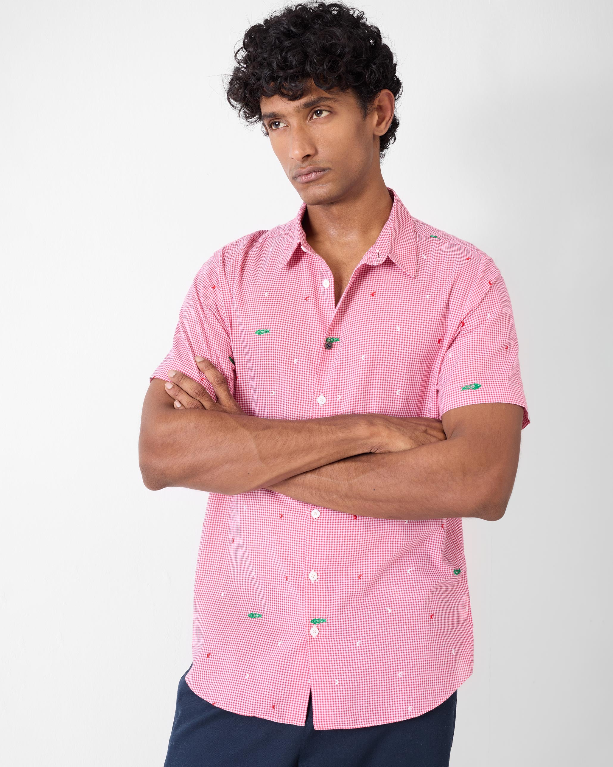 Half Sleeve Shirt - White & Watermelon Checks