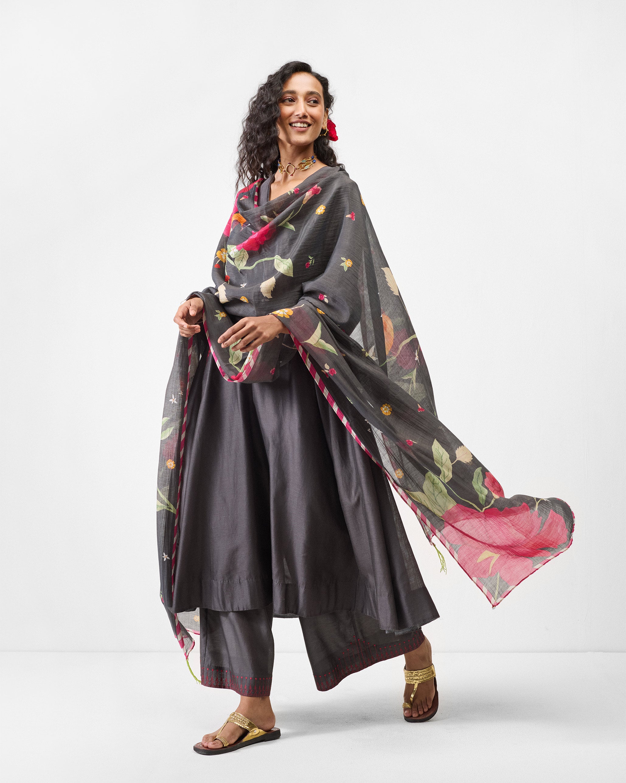 Kaveri Dupatta - Charcoal & Watermelon Print