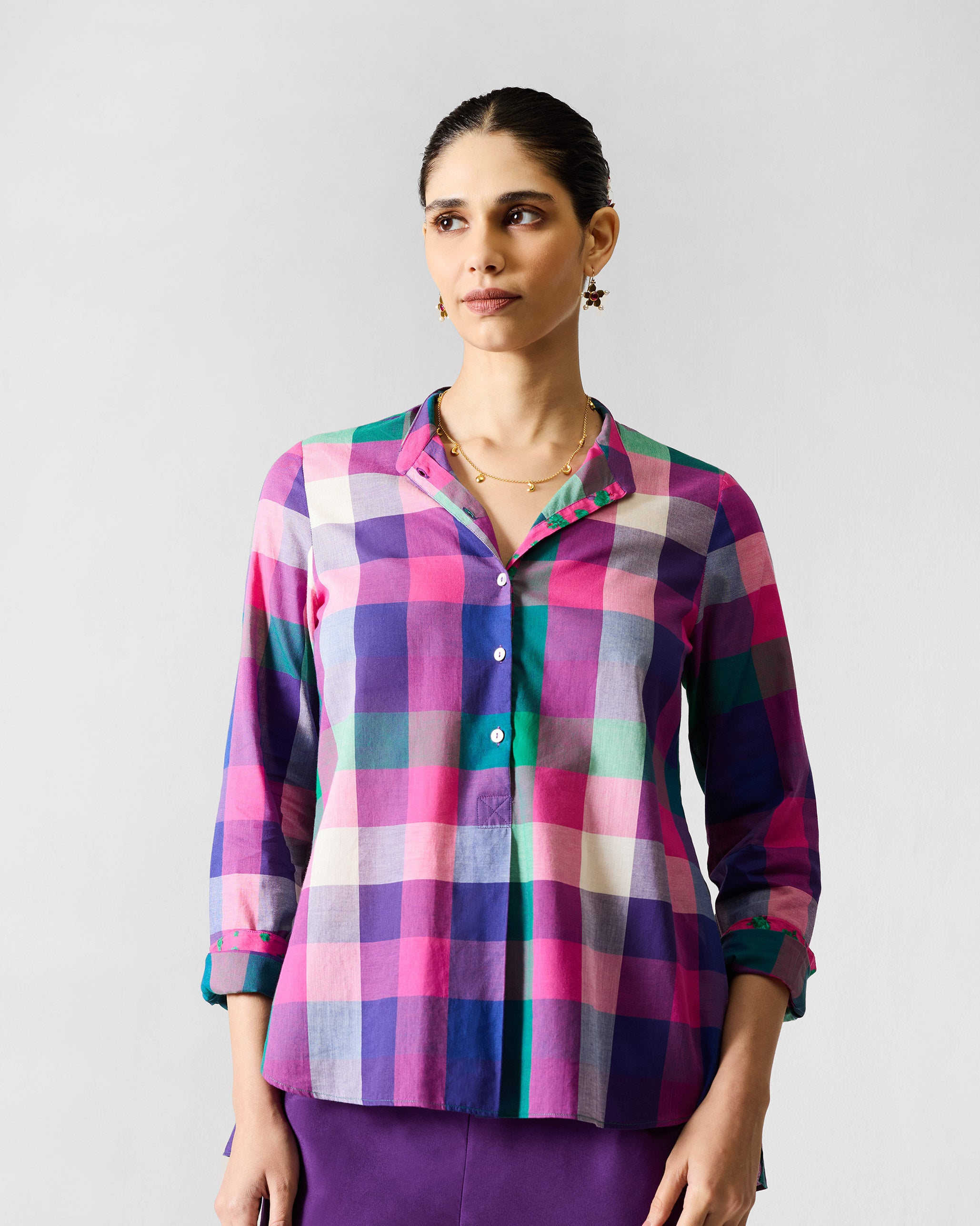 Mandarin Collar Top - Multicolour Checks