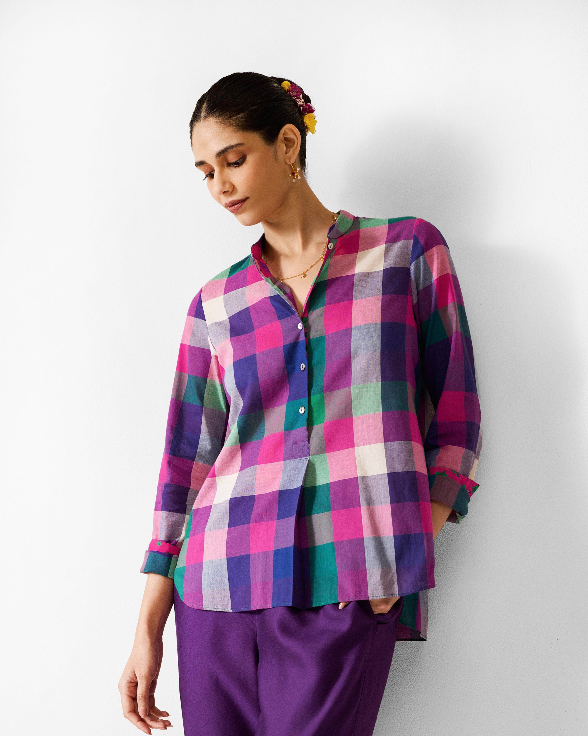 Mandarin Collar Top - Multicolour Checks