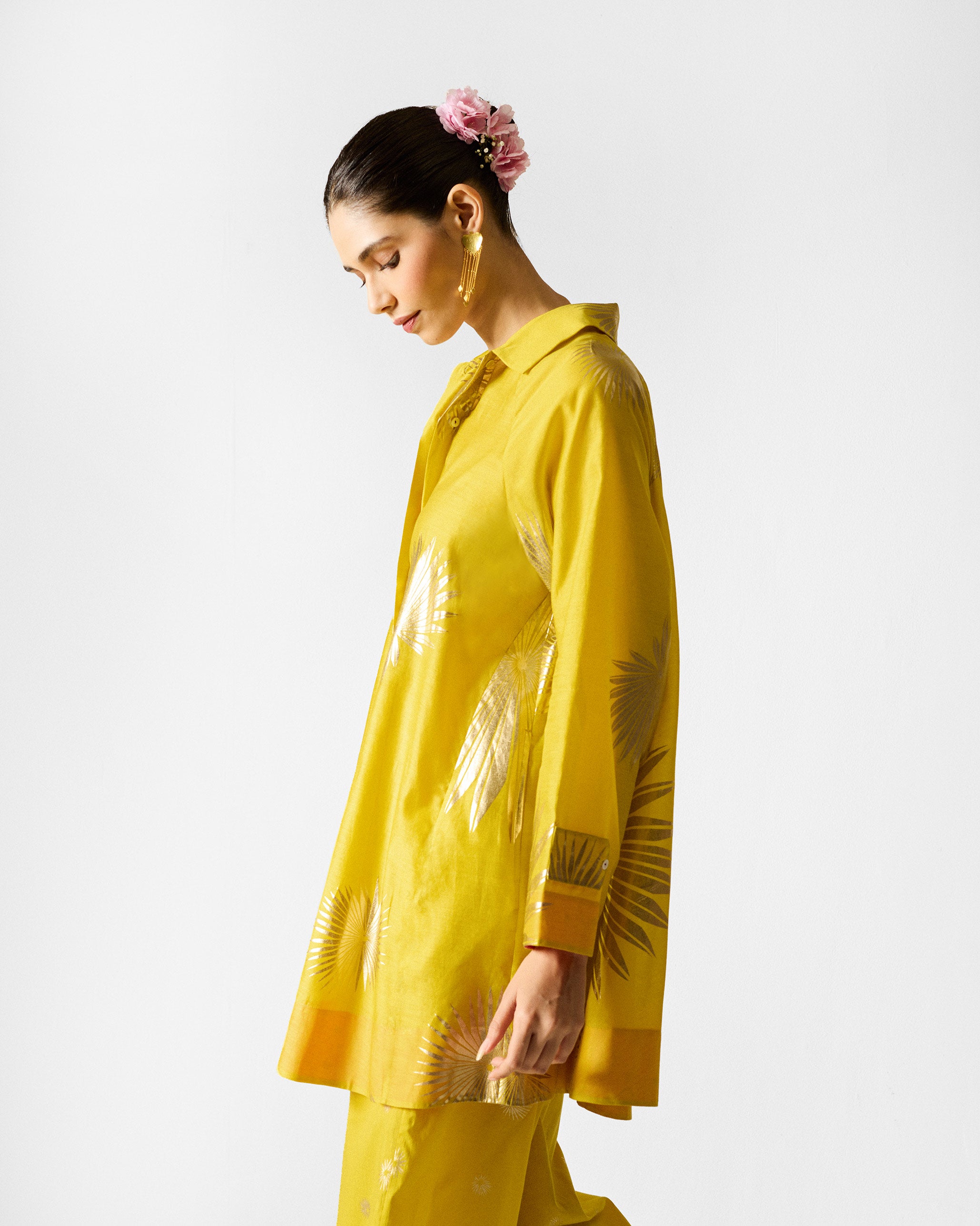 Flare Panelled Shirt - Chartreuse & Gold Printed