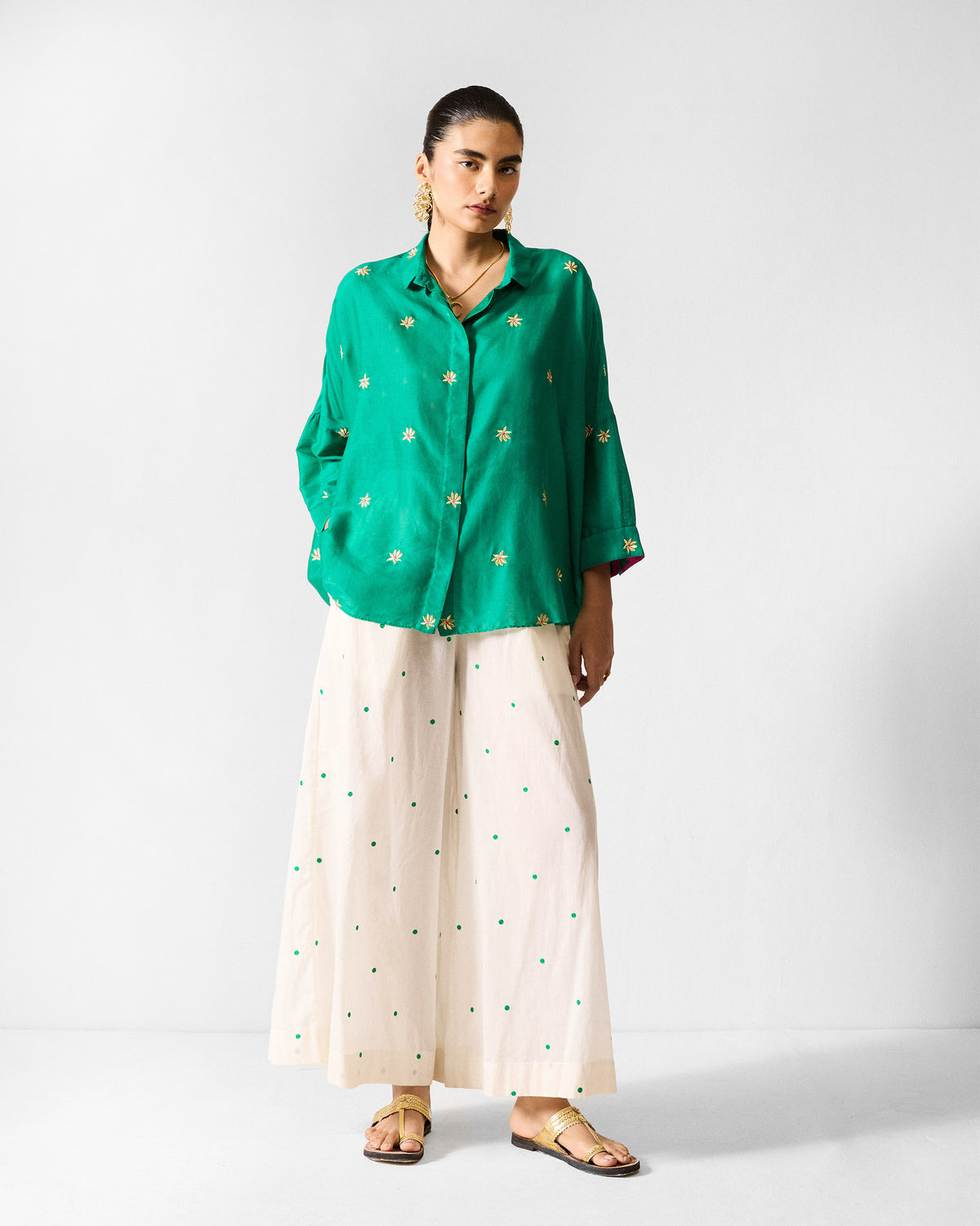 Classic Pyjamas - Ivory & Green Embroidered