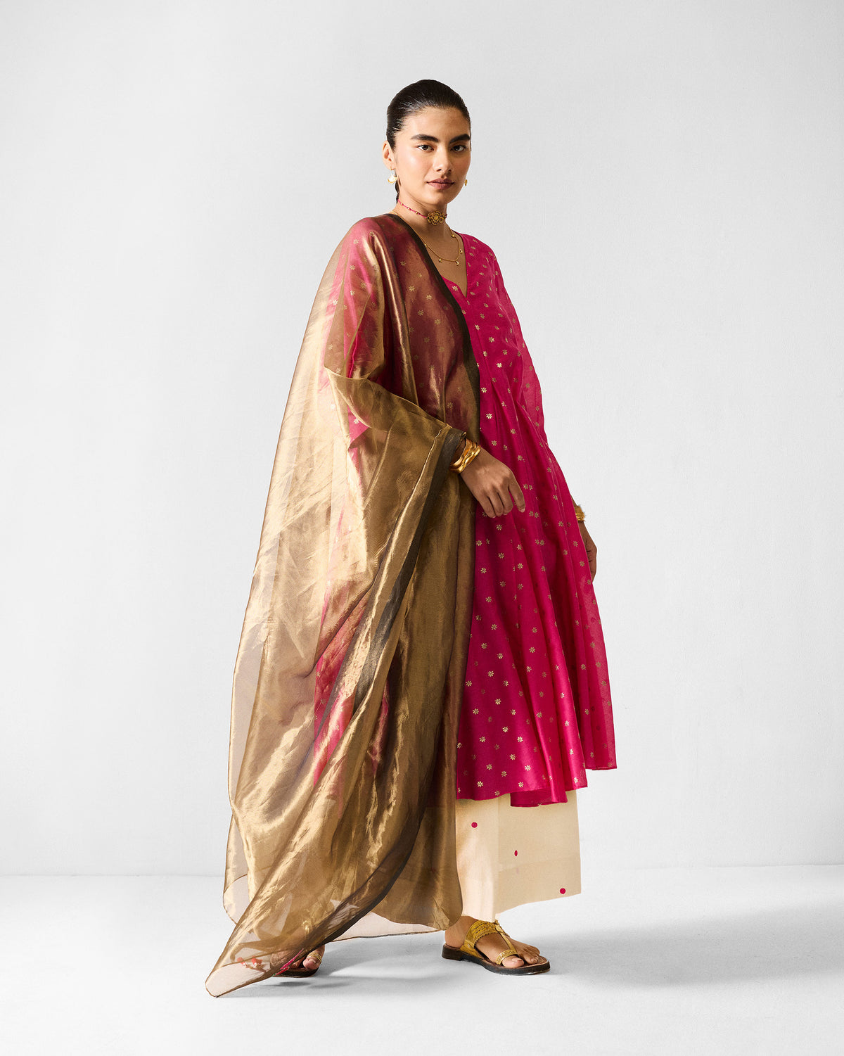 Kannauj Kurta - Fuchsia & Gold Printed