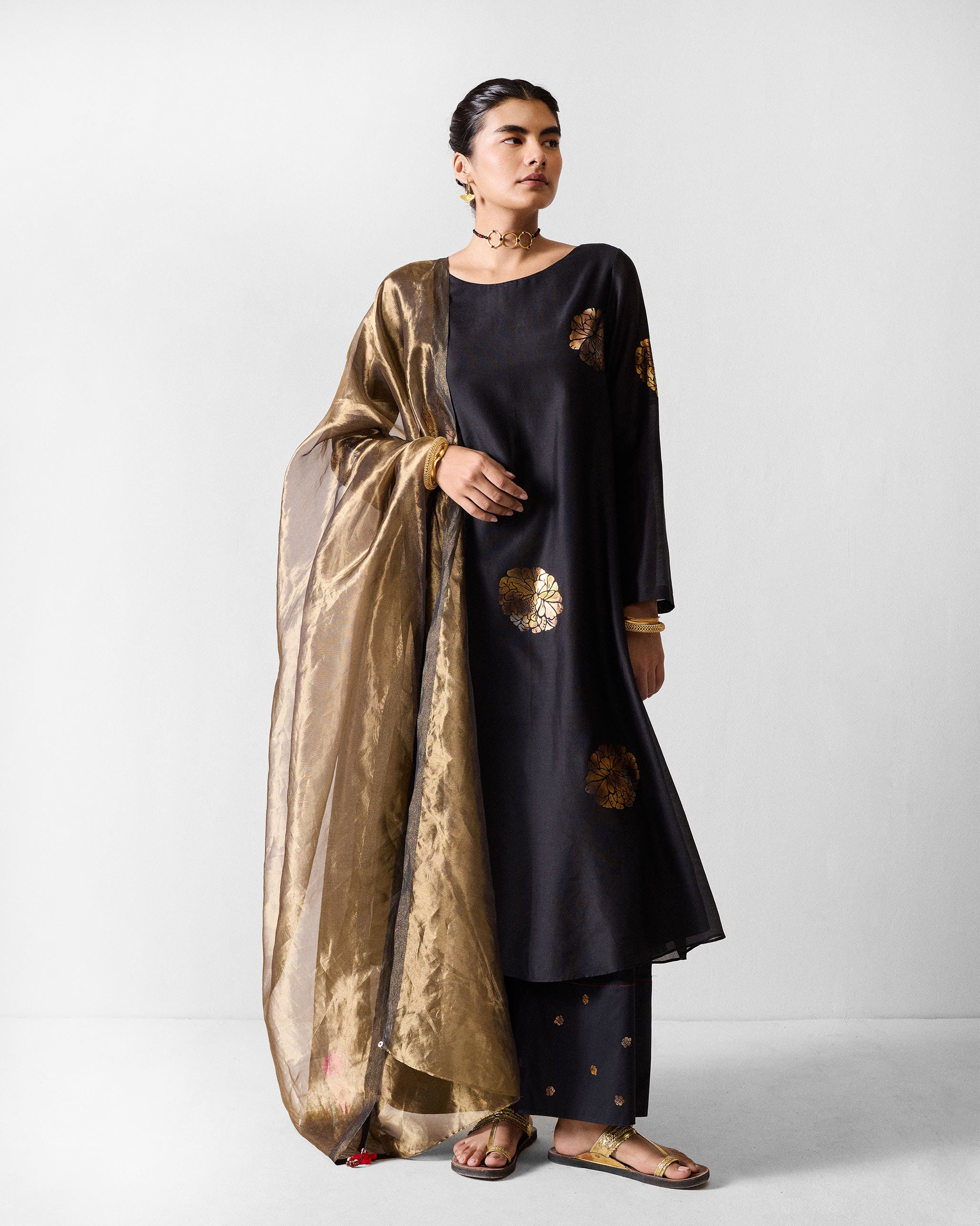 Boat Neck Kurta - Black & Gold Printed