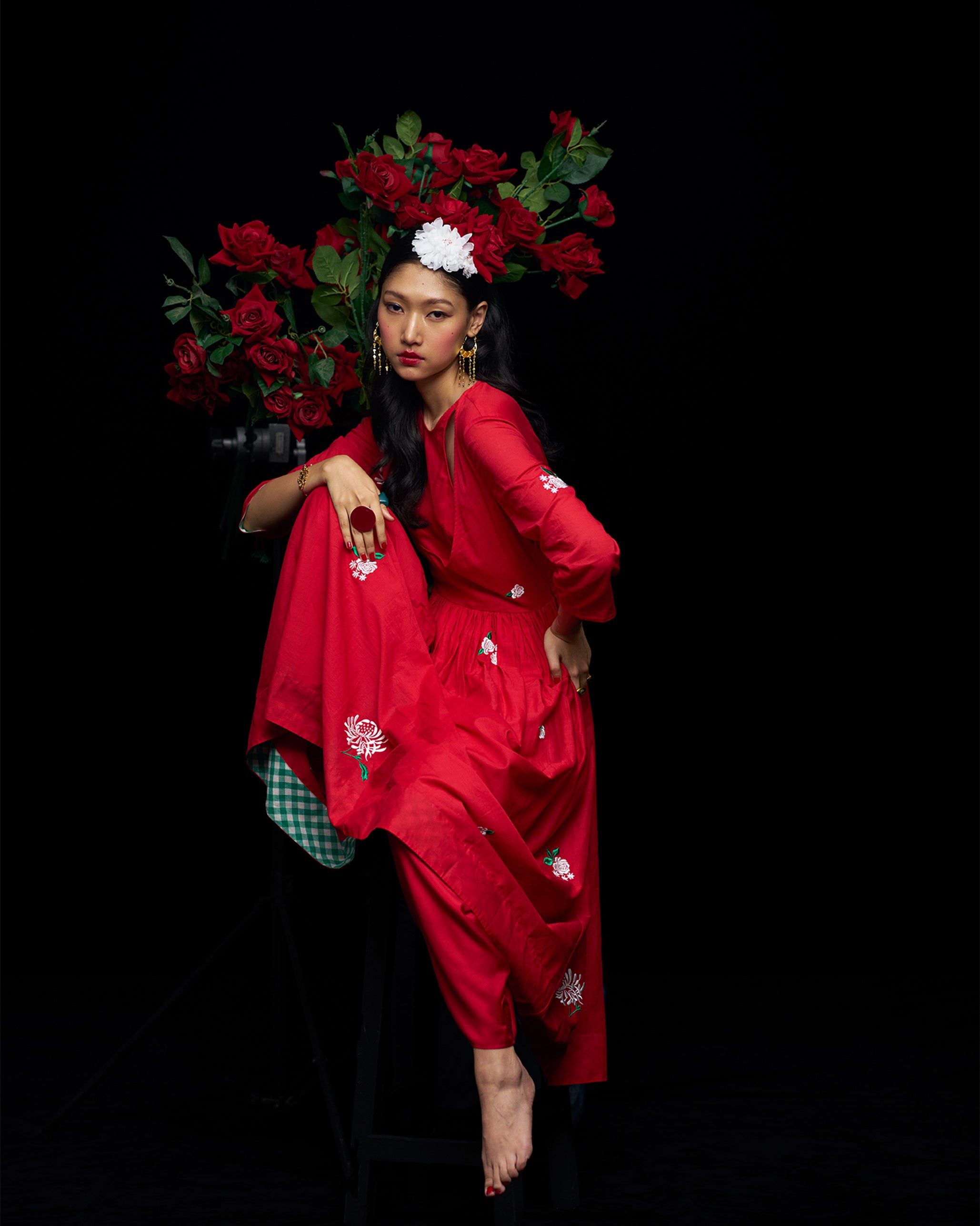 Fit & Flare Angrakha - Red & Ivory Embroidered