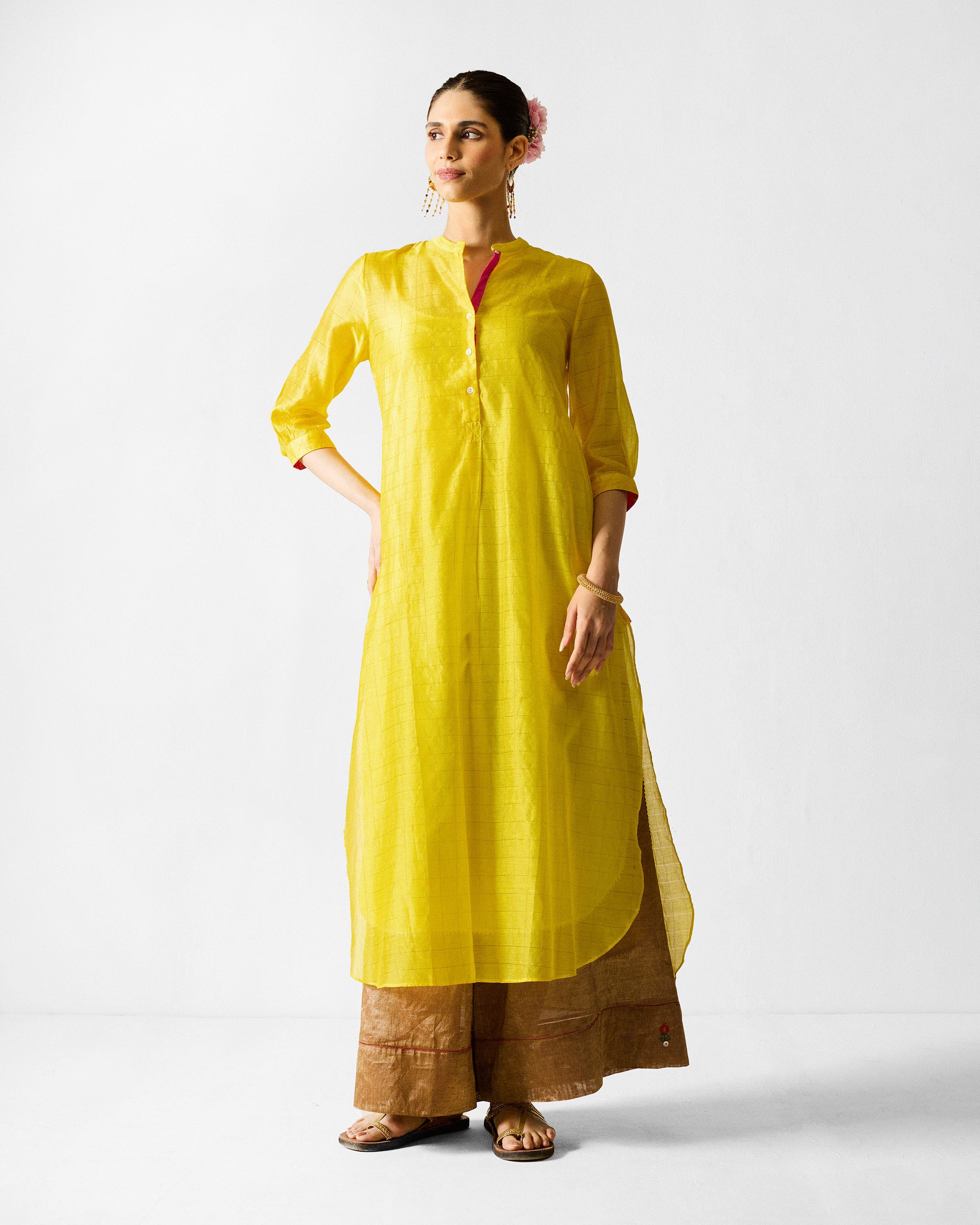 Kumaon Kurta - Lime & Gold Checks
