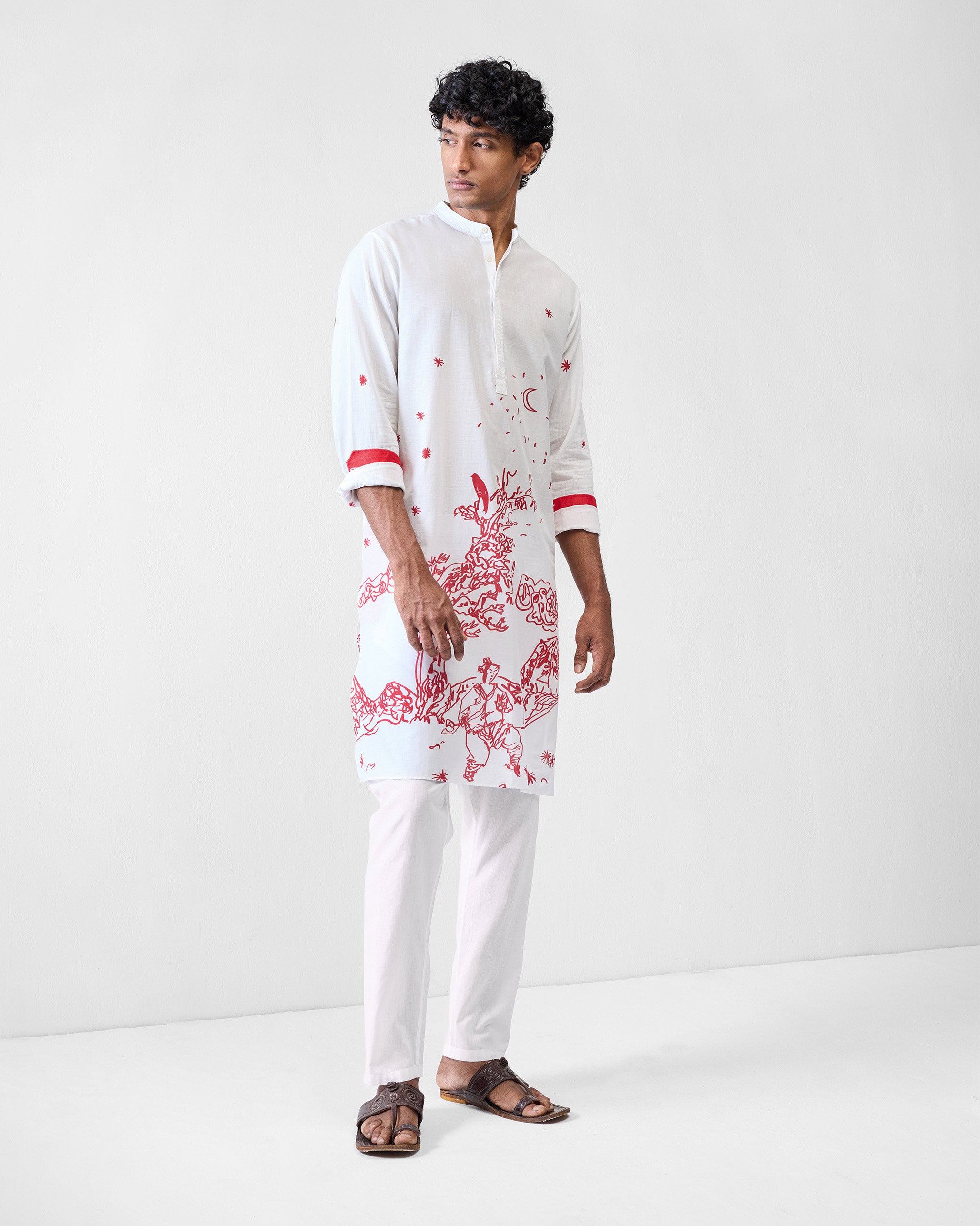 Neckband Kurta - White & Red Printed