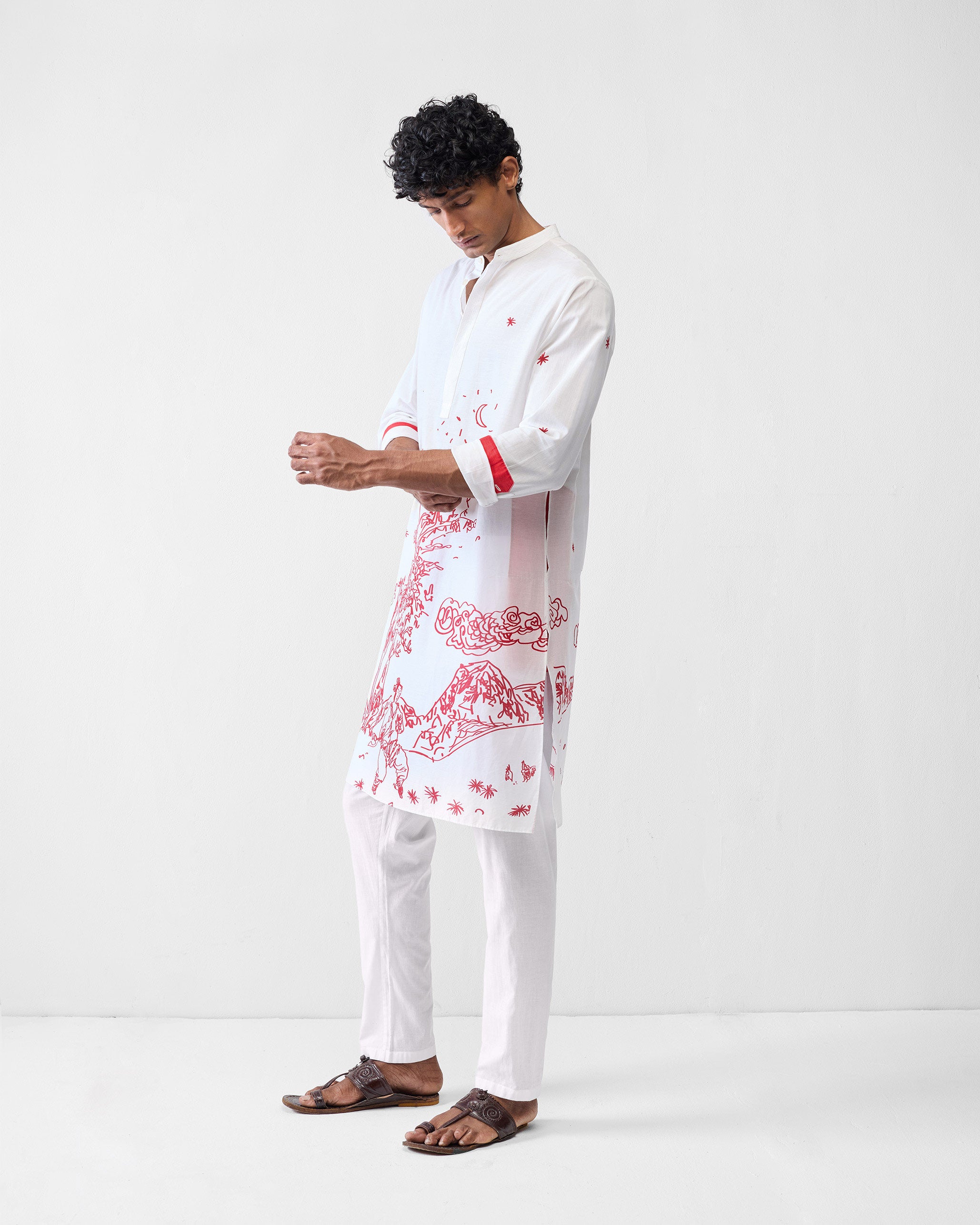 Neckband Kurta - White & Red Printed