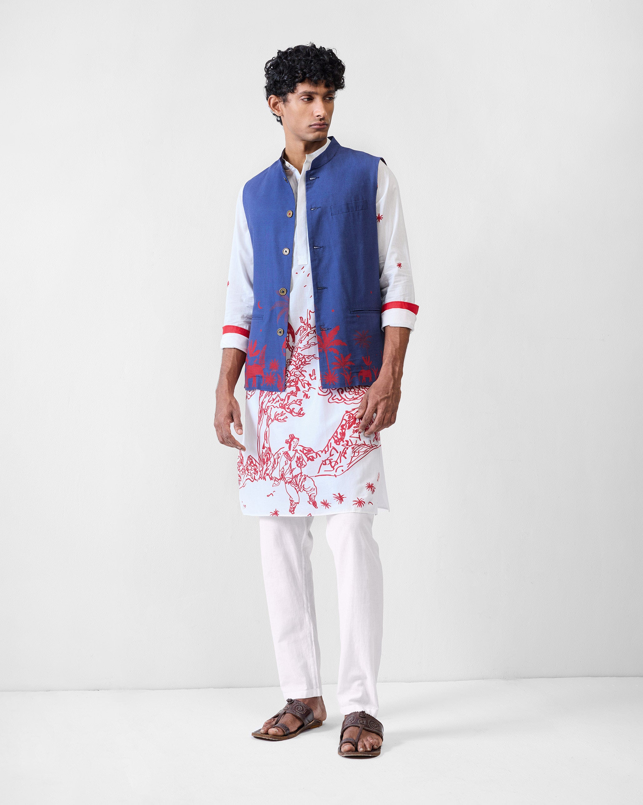 Neckband Kurta - White & Red Printed