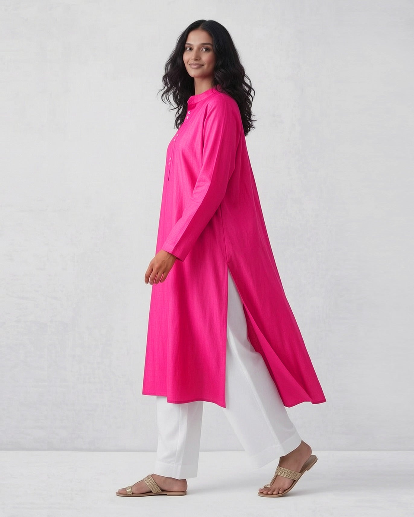 Long Pleated Kurta - Fuchsia