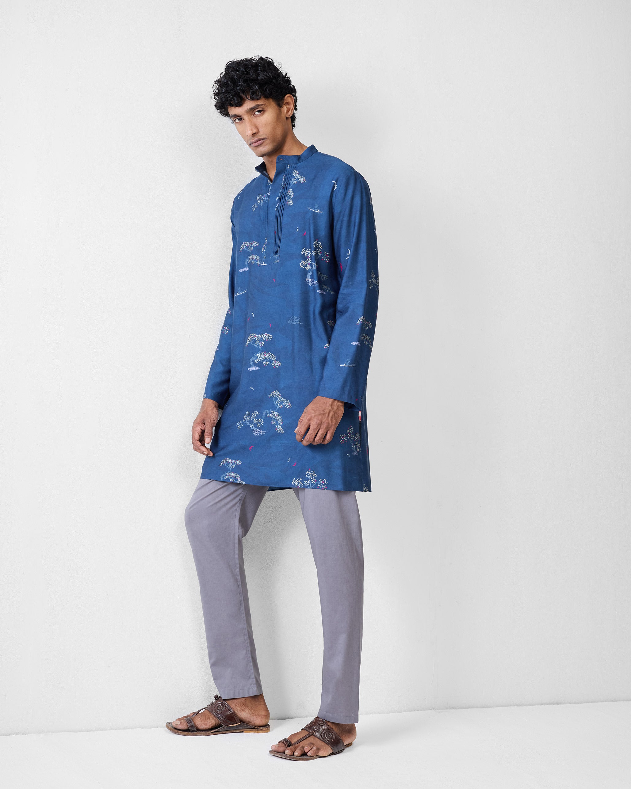 Front Pleat Kurta - Navy & Grey Printed
