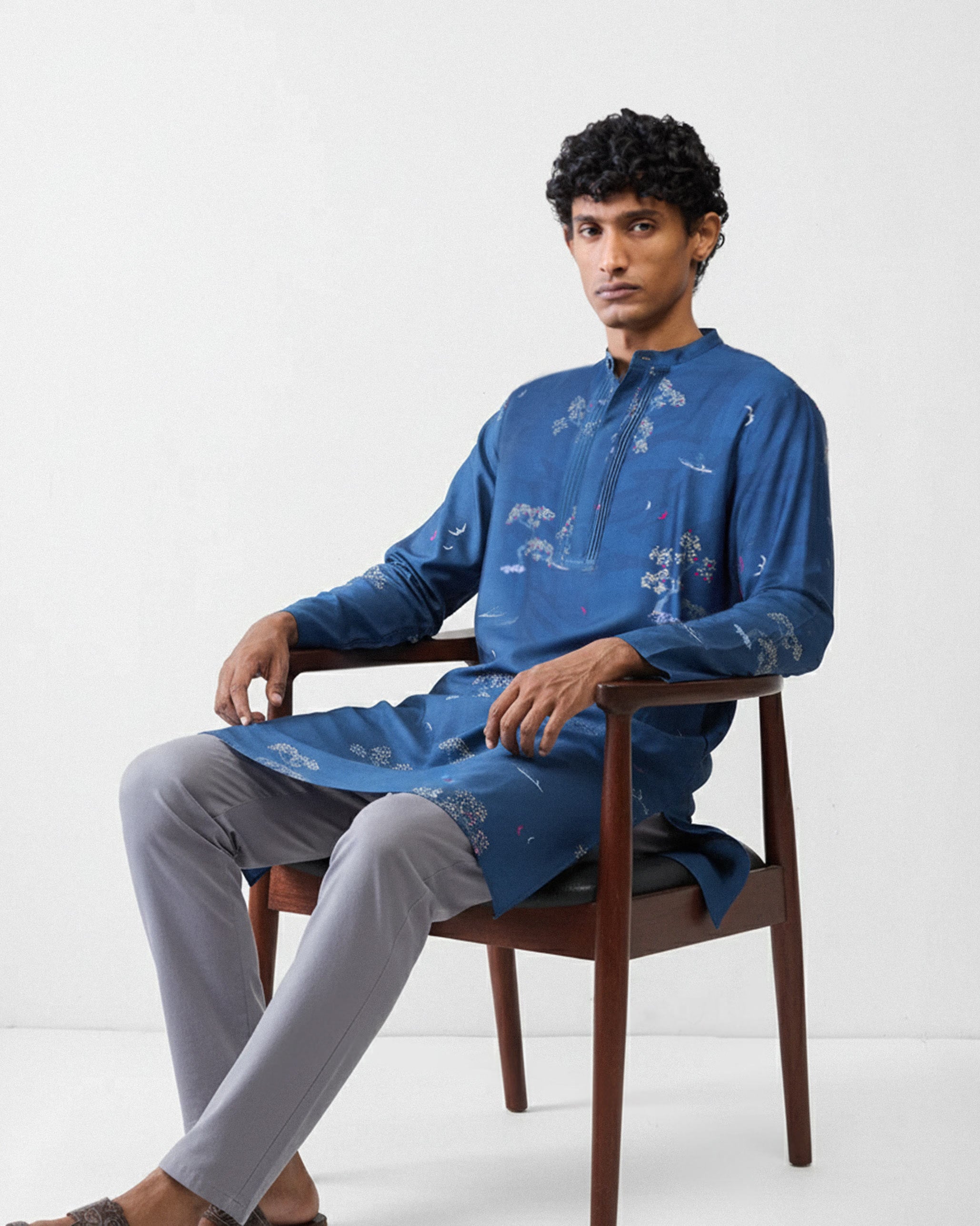 Front Pleat Kurta - Navy & Grey Printed