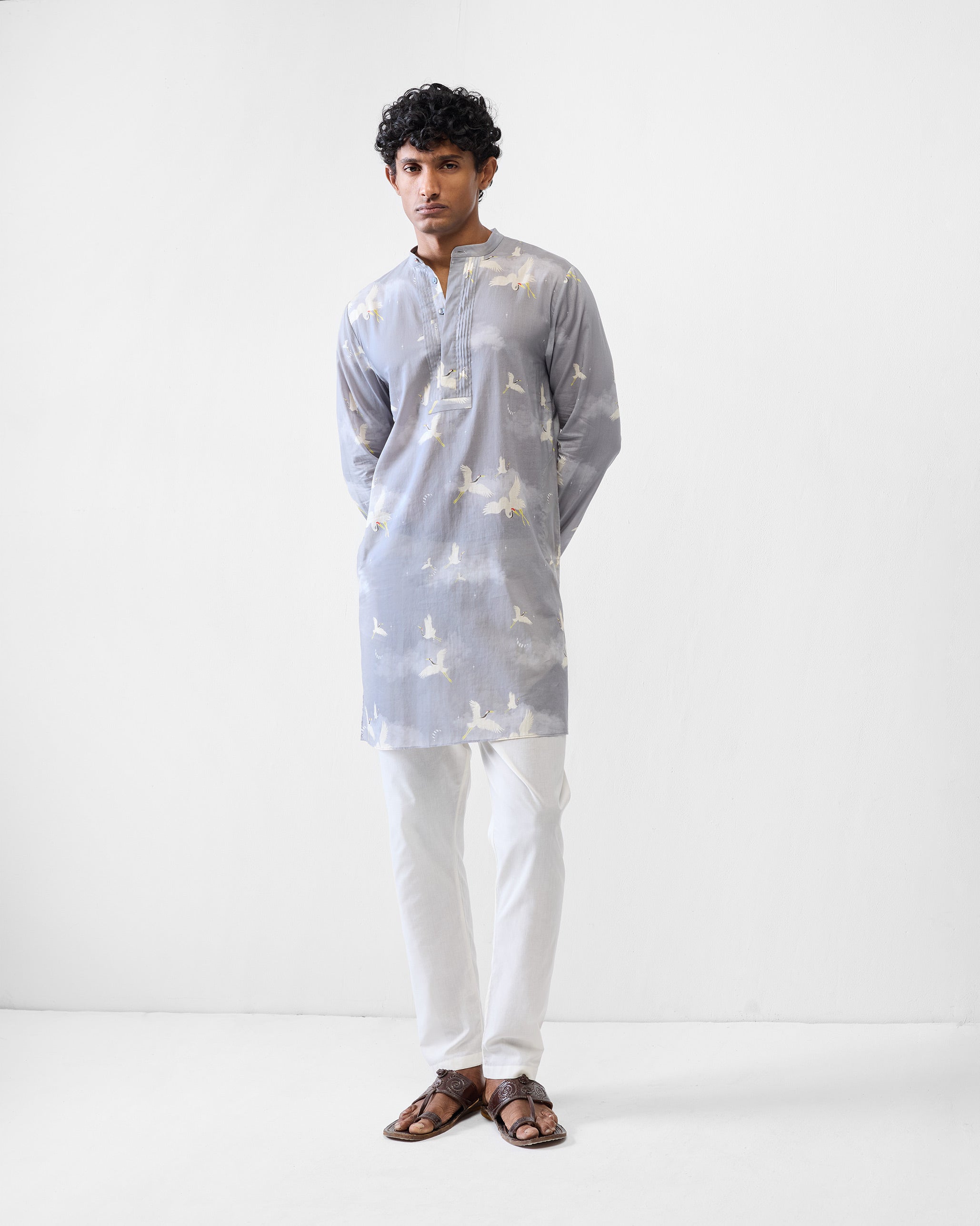 Front Pleat Kurta - Light Grey Printed