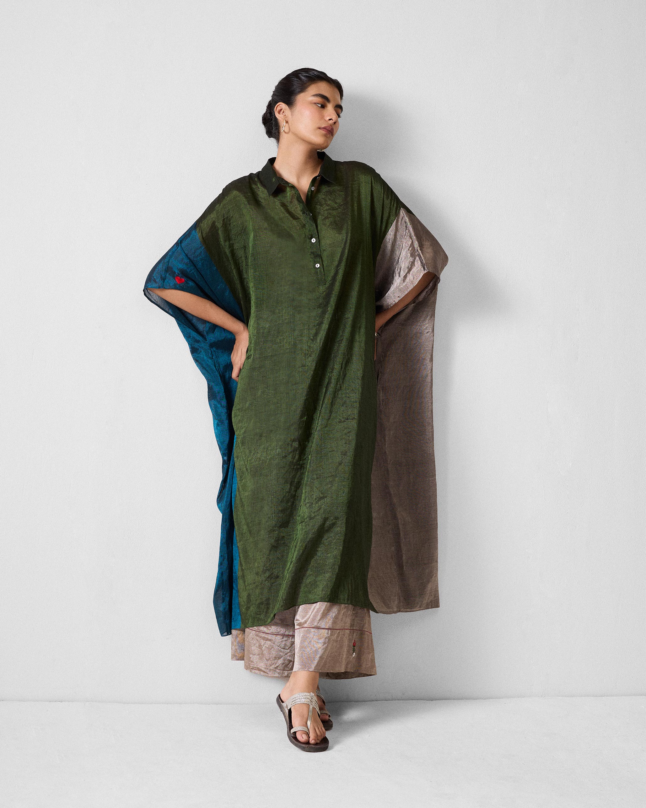 Collared Kaftan - Green & Silver