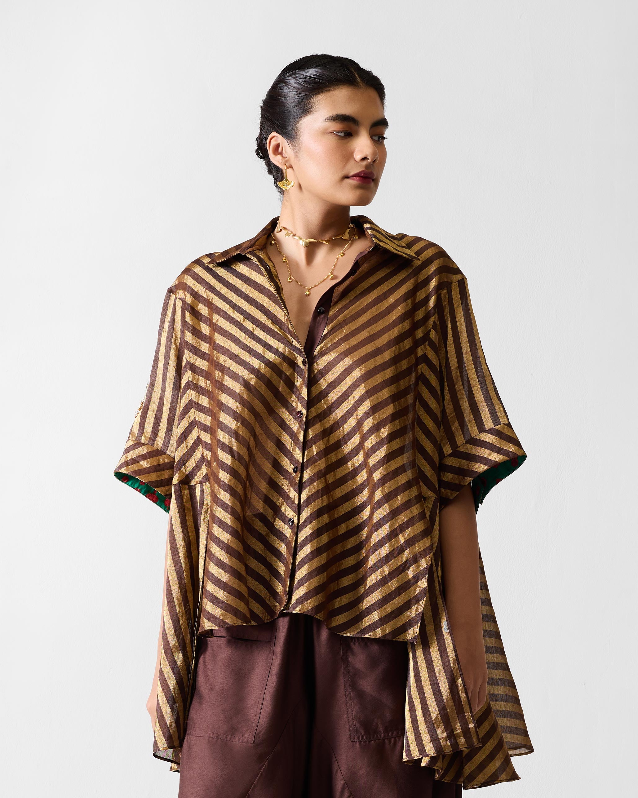 Ceylon Shirt - Chocolate Brown & Gold Stripes