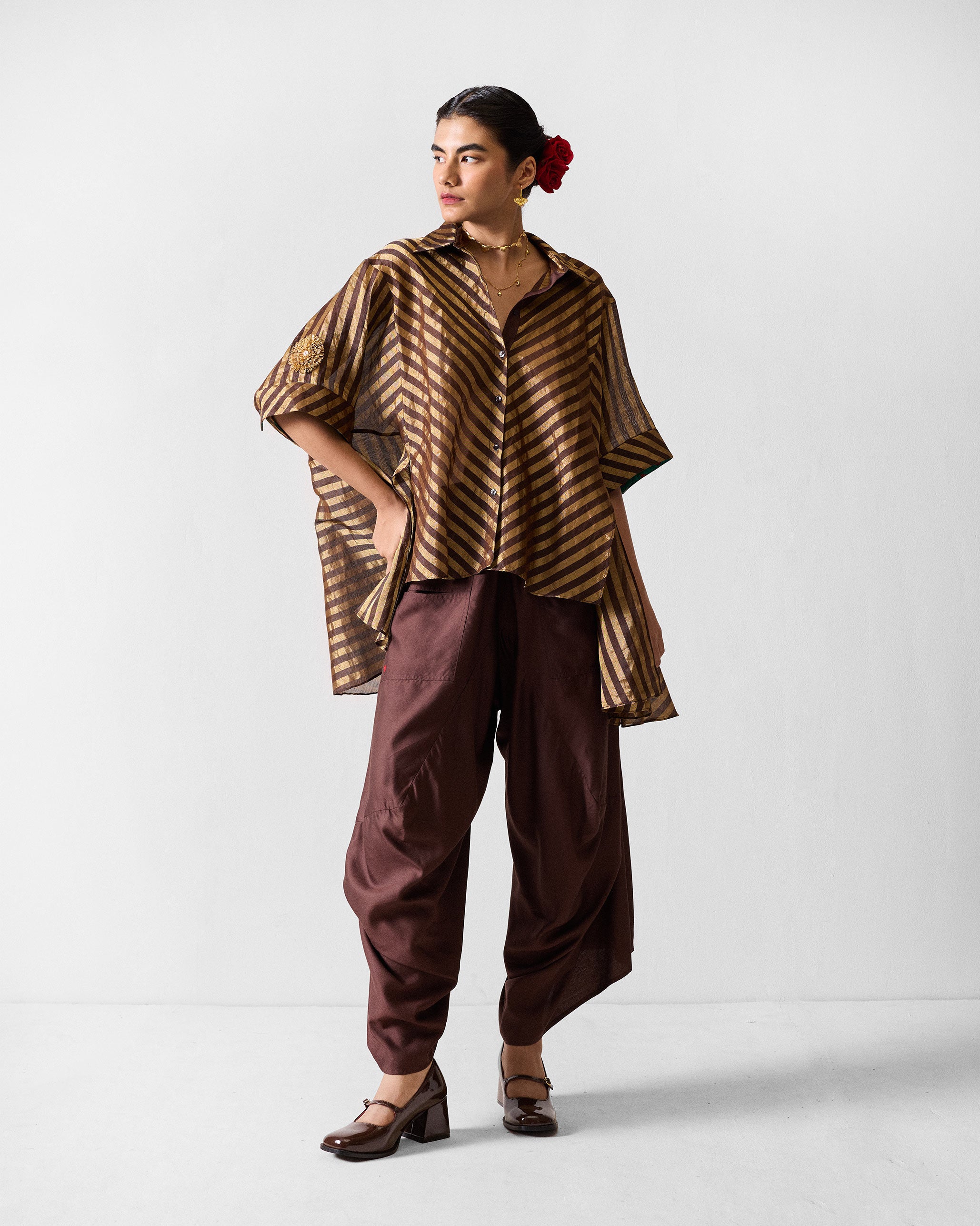 Ceylon Shirt - Chocolate Brown & Gold Stripes