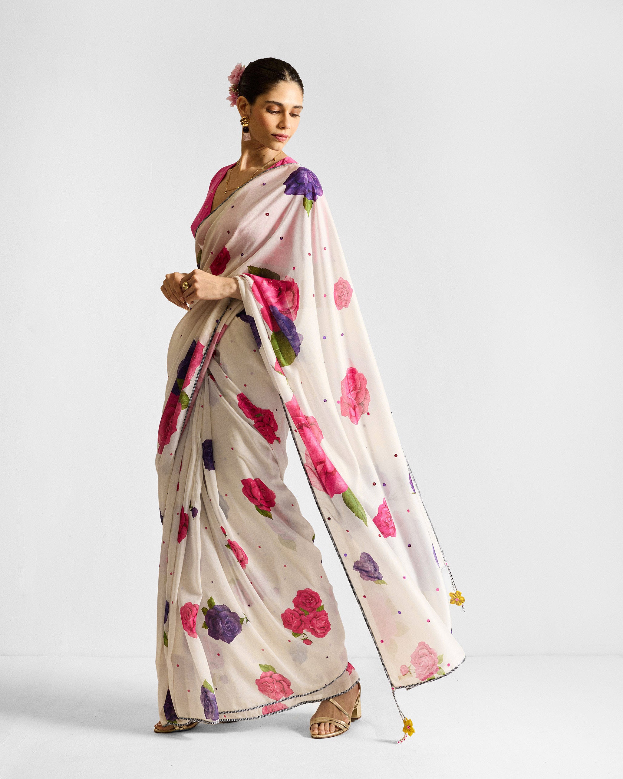 Gul Sari - Ivory & Fuchsia Printed