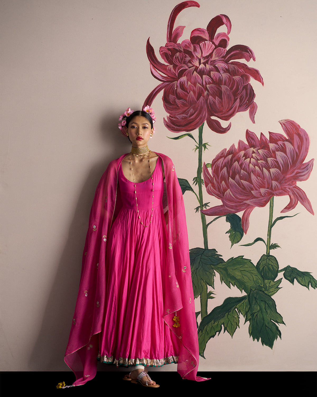 Gul Dupatta - Fuchsia & Gold Embroidered