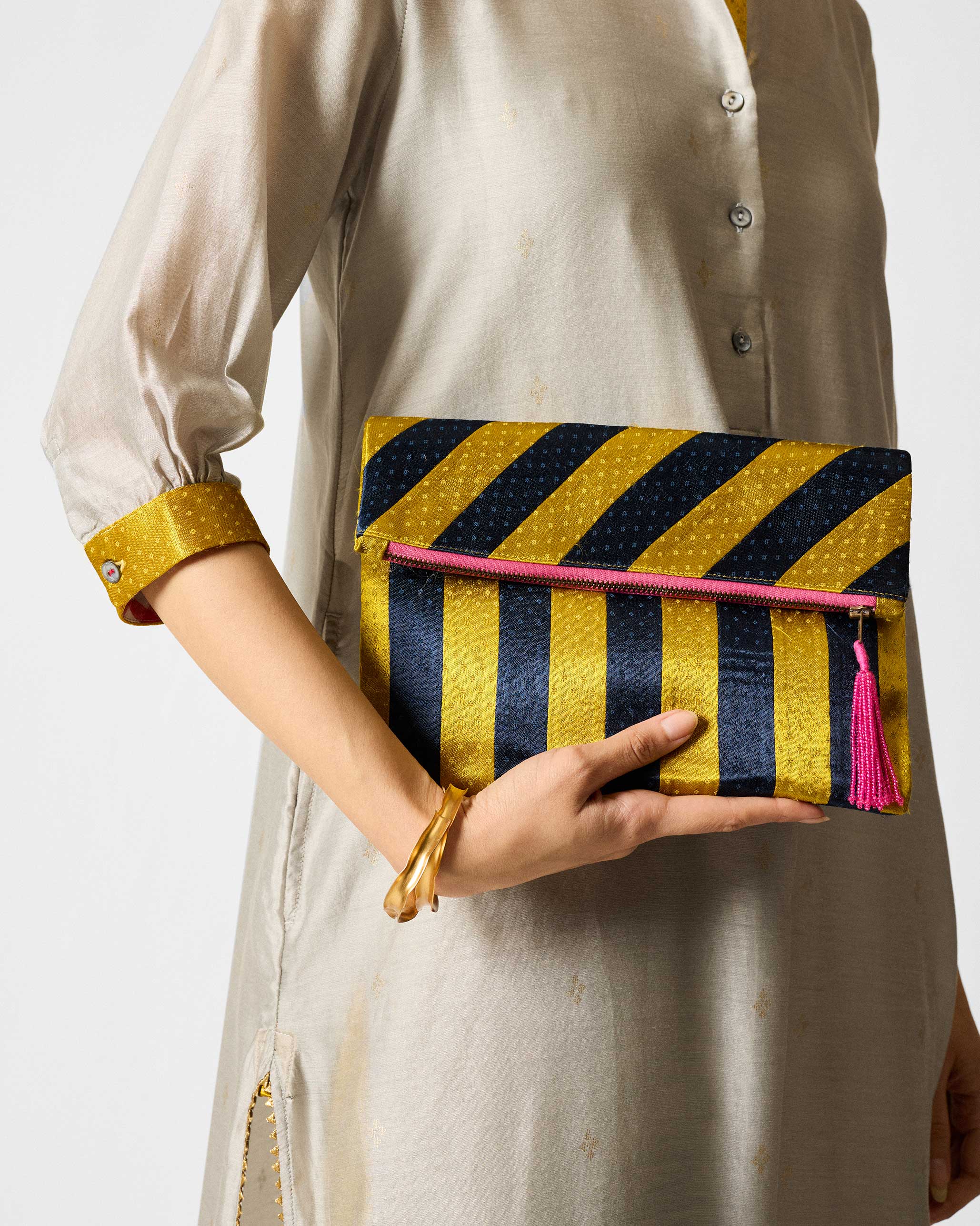 Fold Over Clutch - Chartreuse & Navy