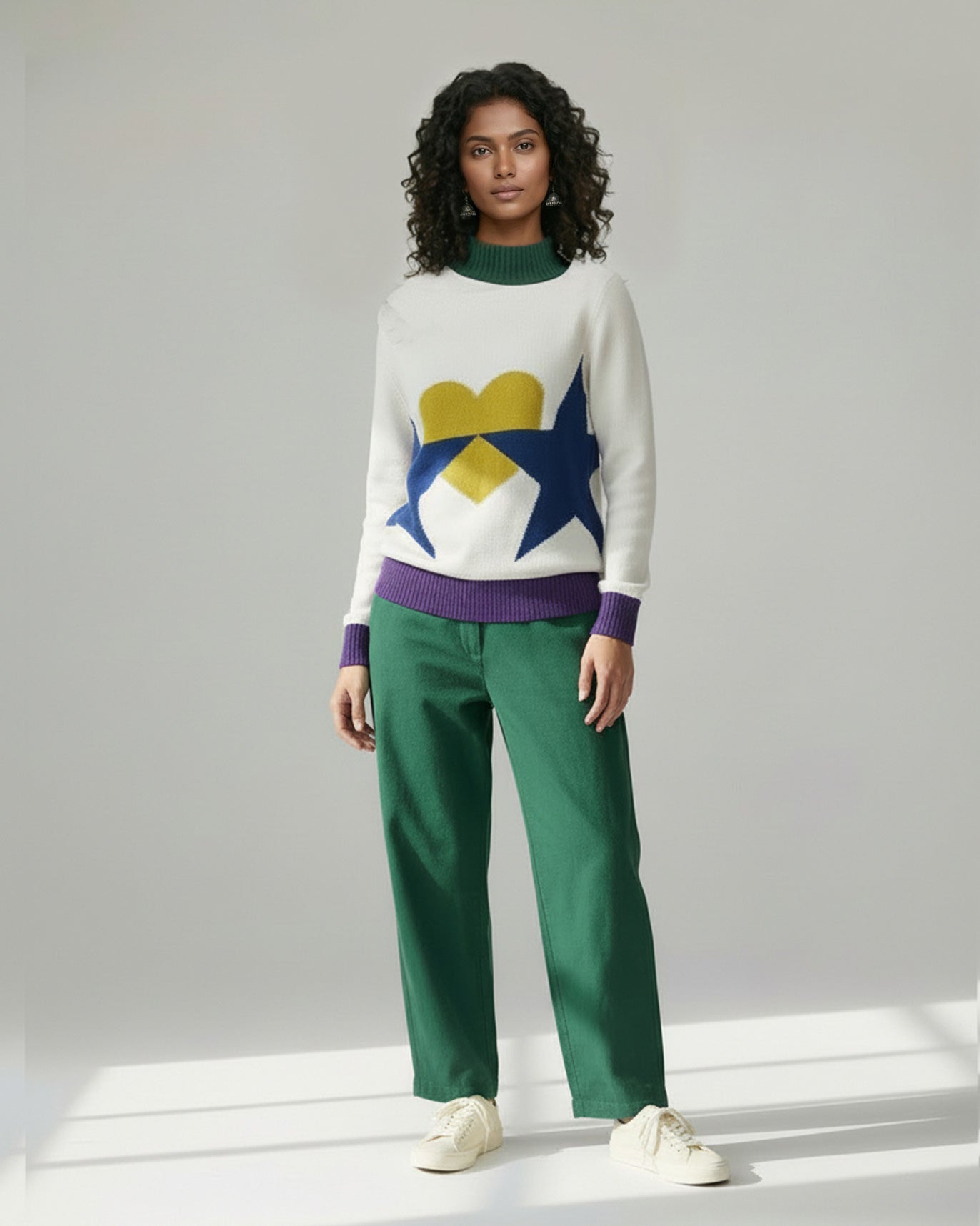 Crew Neck Sweater - Ivory & Navy