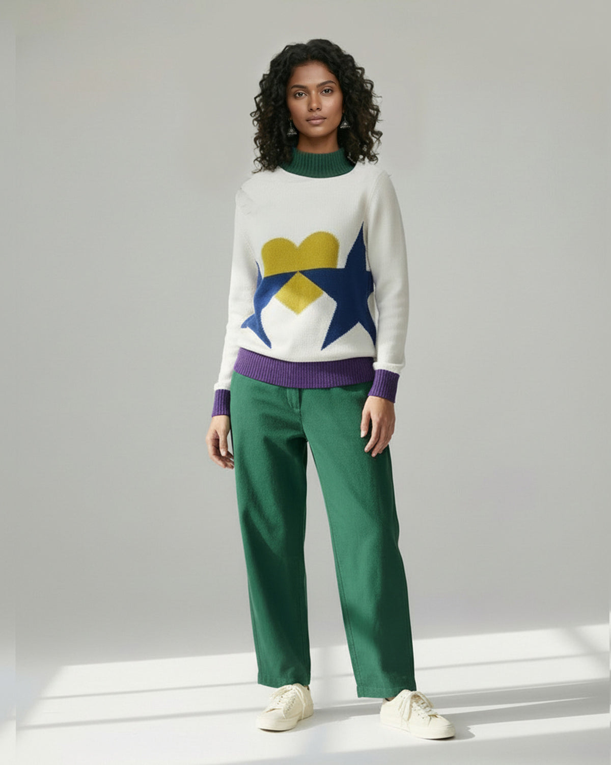 Crew Neck Sweater - Ivory & Navy