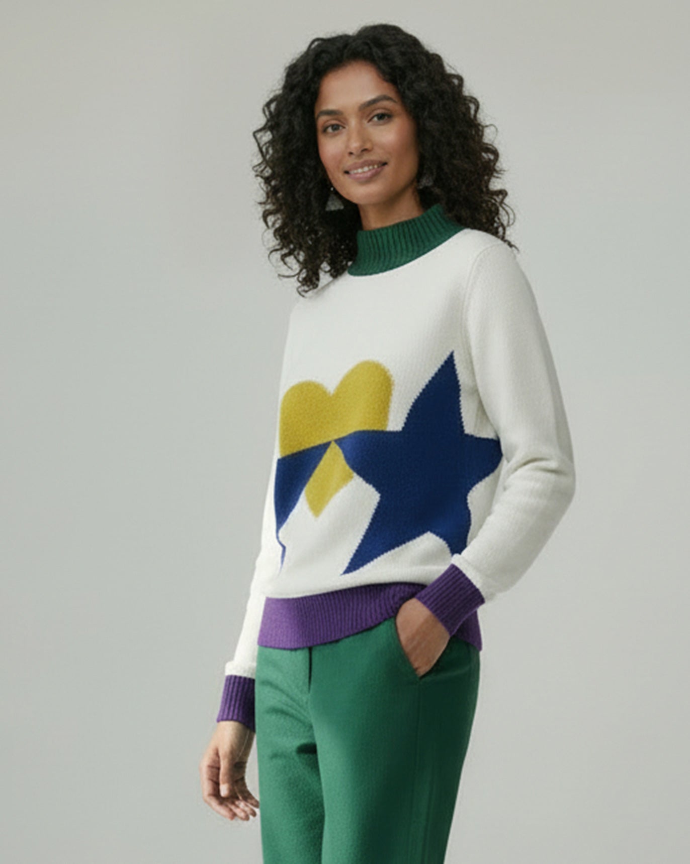 Crew Neck Sweater - Ivory & Navy