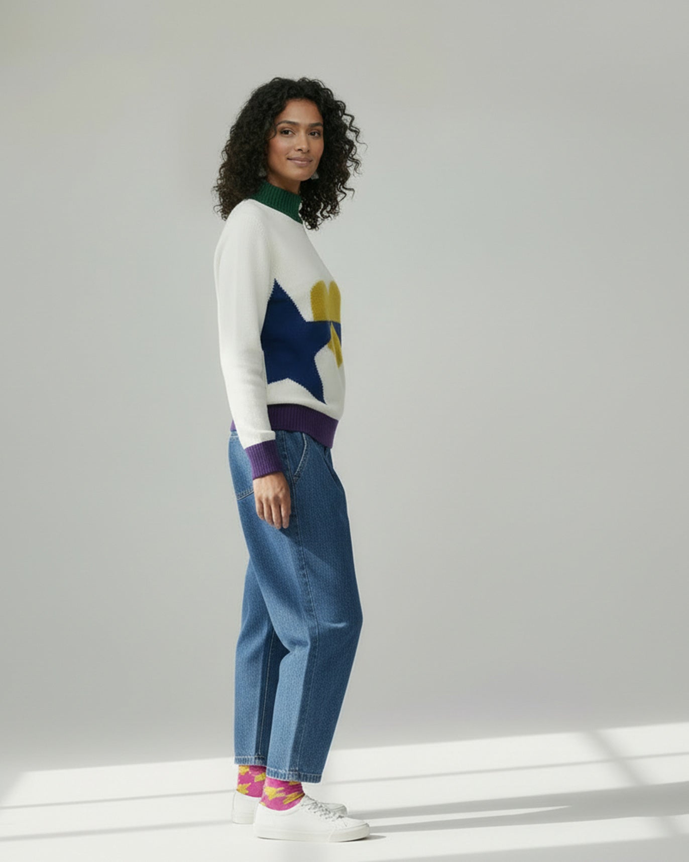 Crew Neck Sweater - Ivory & Navy