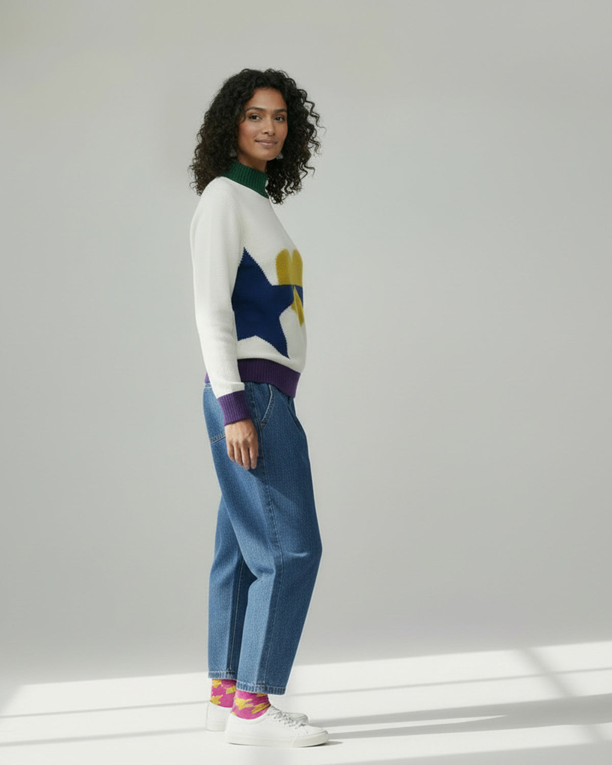 Crew Neck Sweater - Ivory & Navy