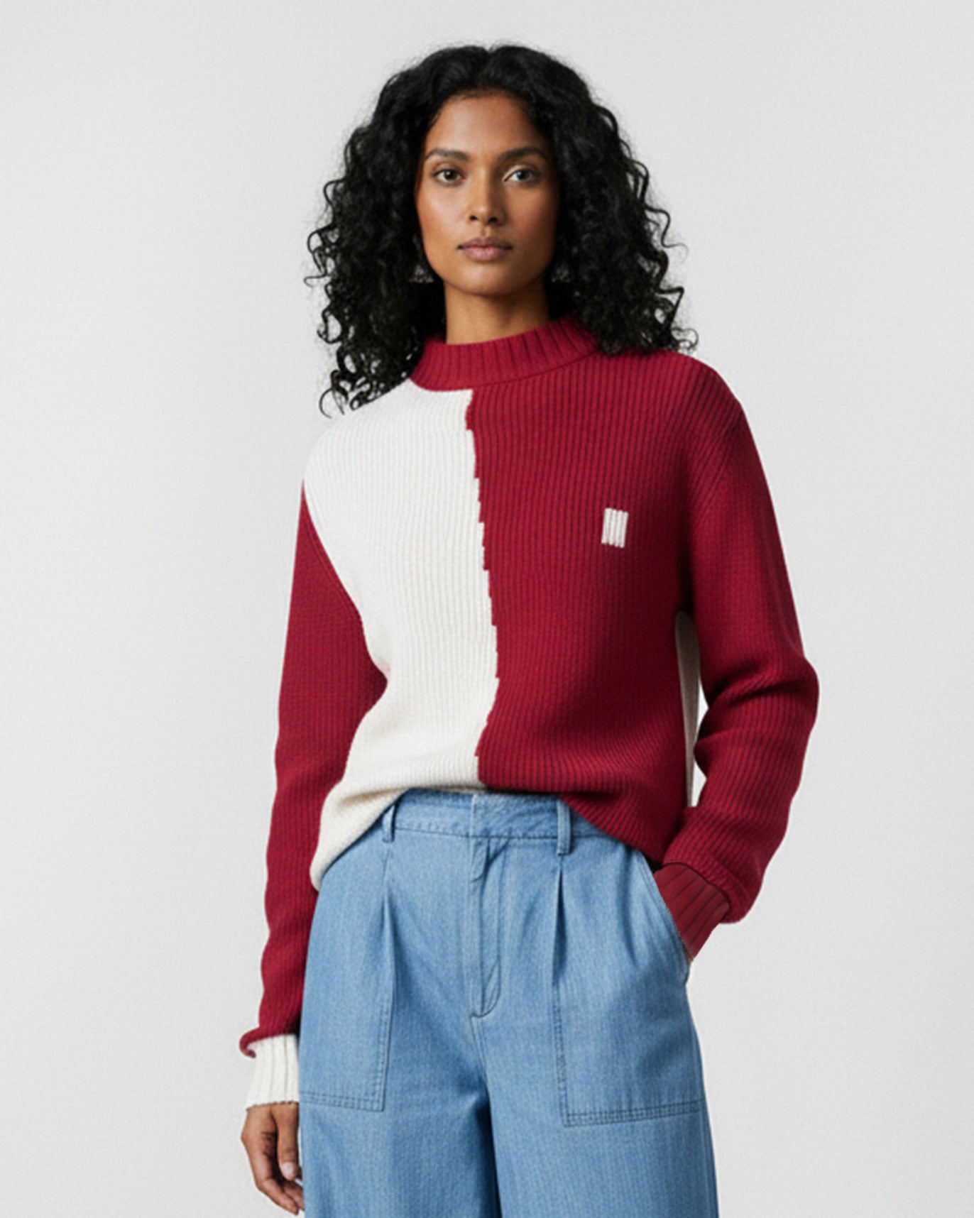 Crew Neck Sweater - Ivory & Red